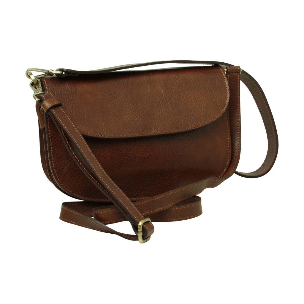 Borsa a tracolla due fianchi in vitello pieno fiore-Marrone