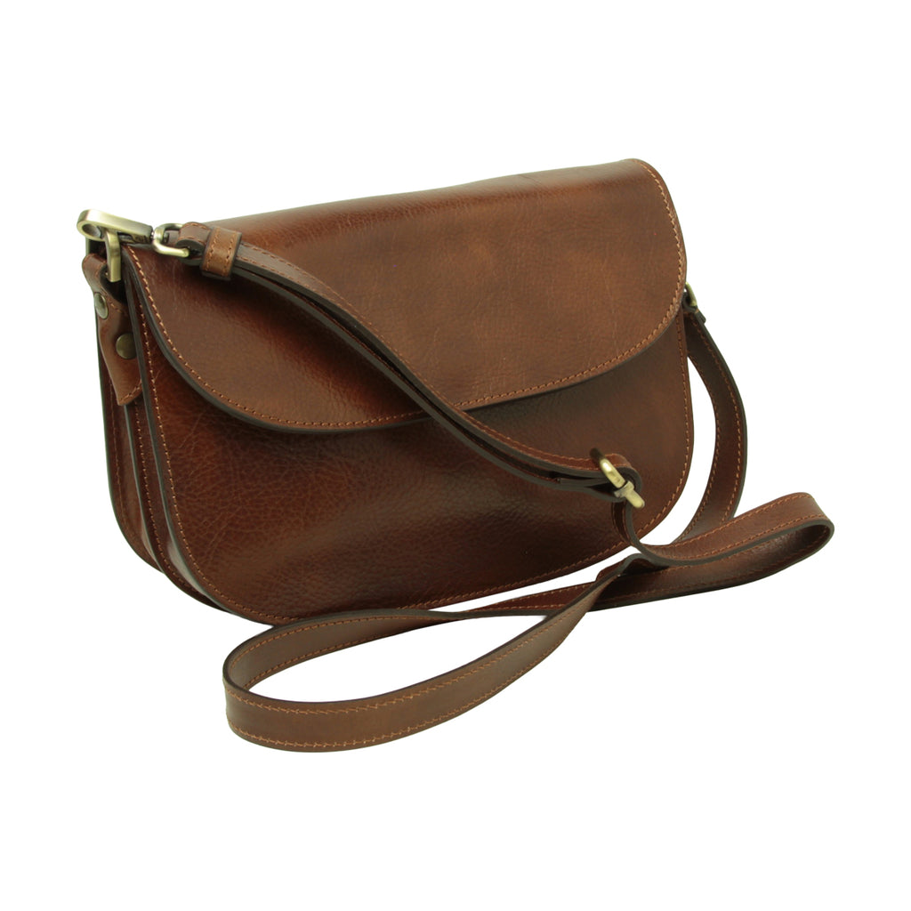 Borsa a tracolla due fianchi in vitello pieno fiore-Marrone