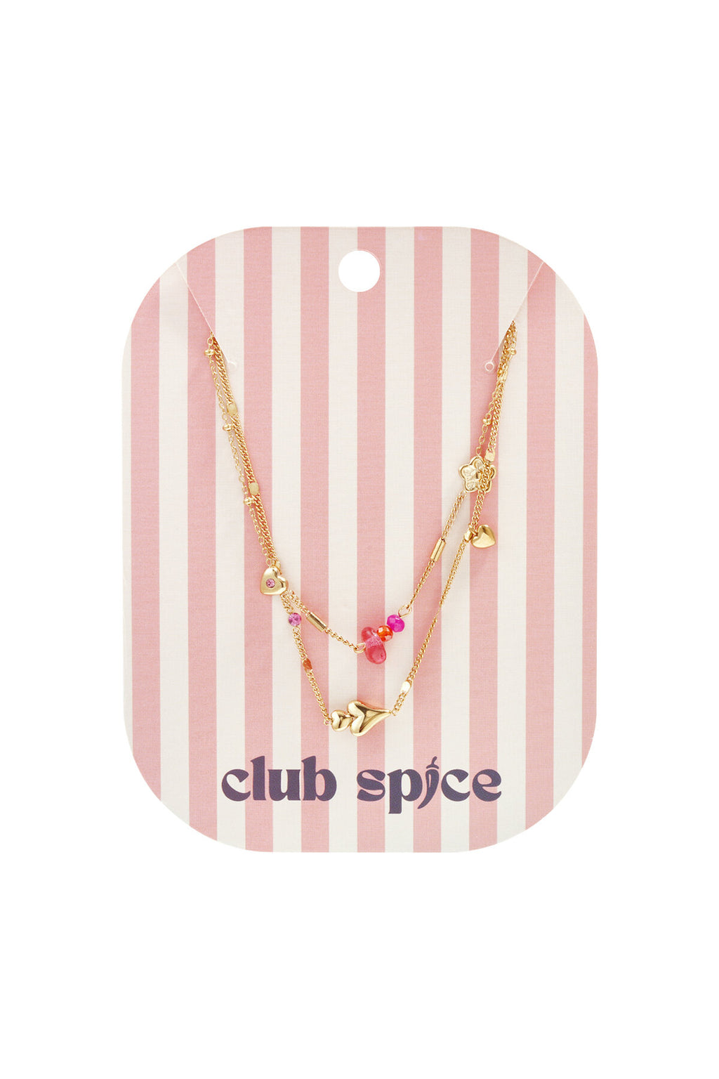 Collana doppia con cuori e fiori di Club Spice, con perline e dettagli romantici, ideale per primavera e estate.