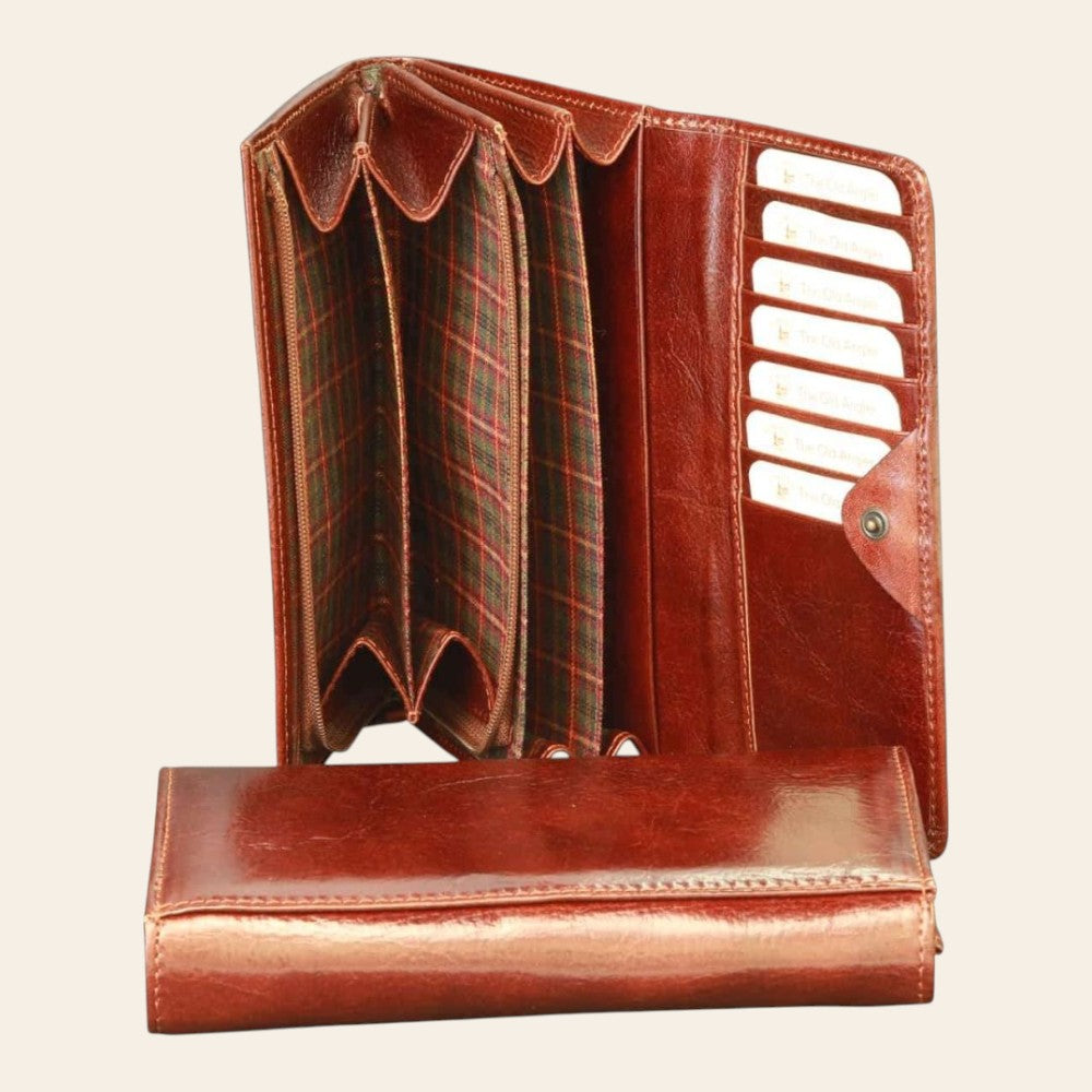 Portafoglio donna in pelle marrone Old Angler, aperto con tasche e portacarte RFID