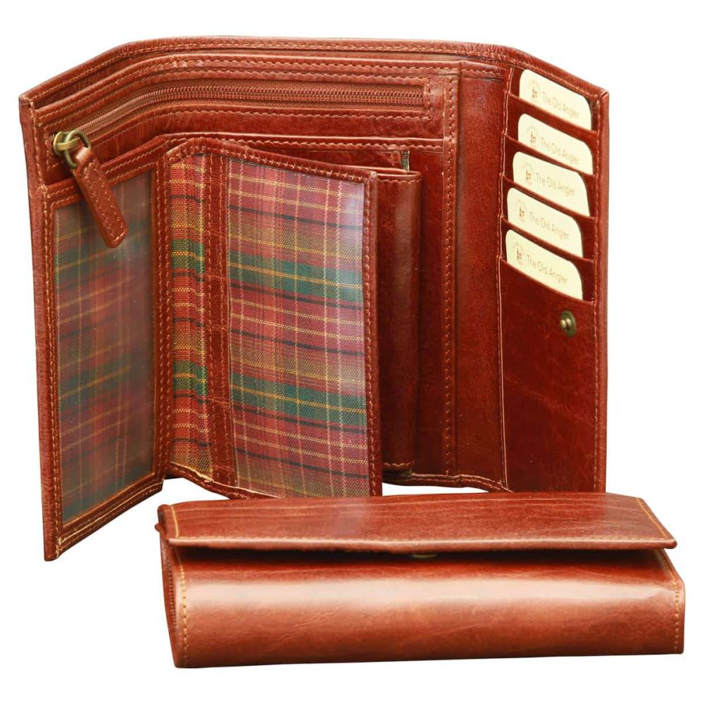 Portafoglio in pelle marrone Old Angler aperto, tasche carte e portamonete interno