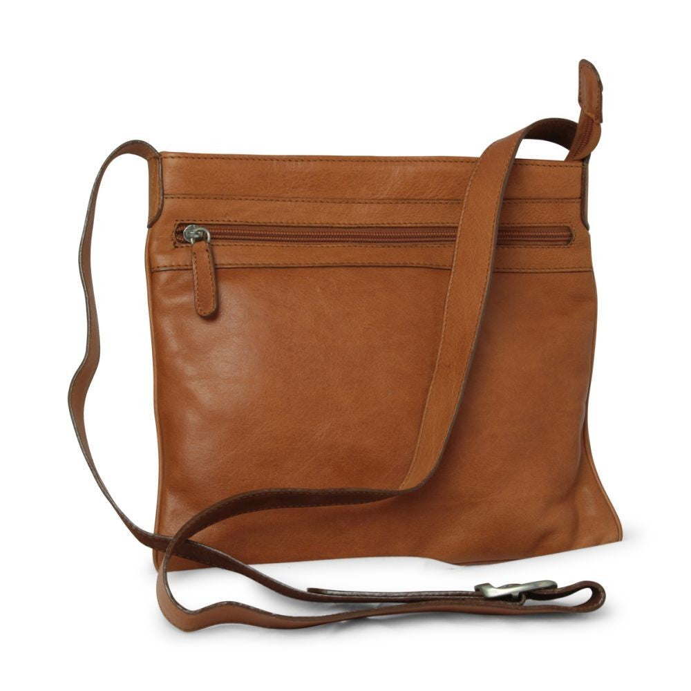 Borsa tracolla in pelle cognac con tracolla e tasca frontale con zip
