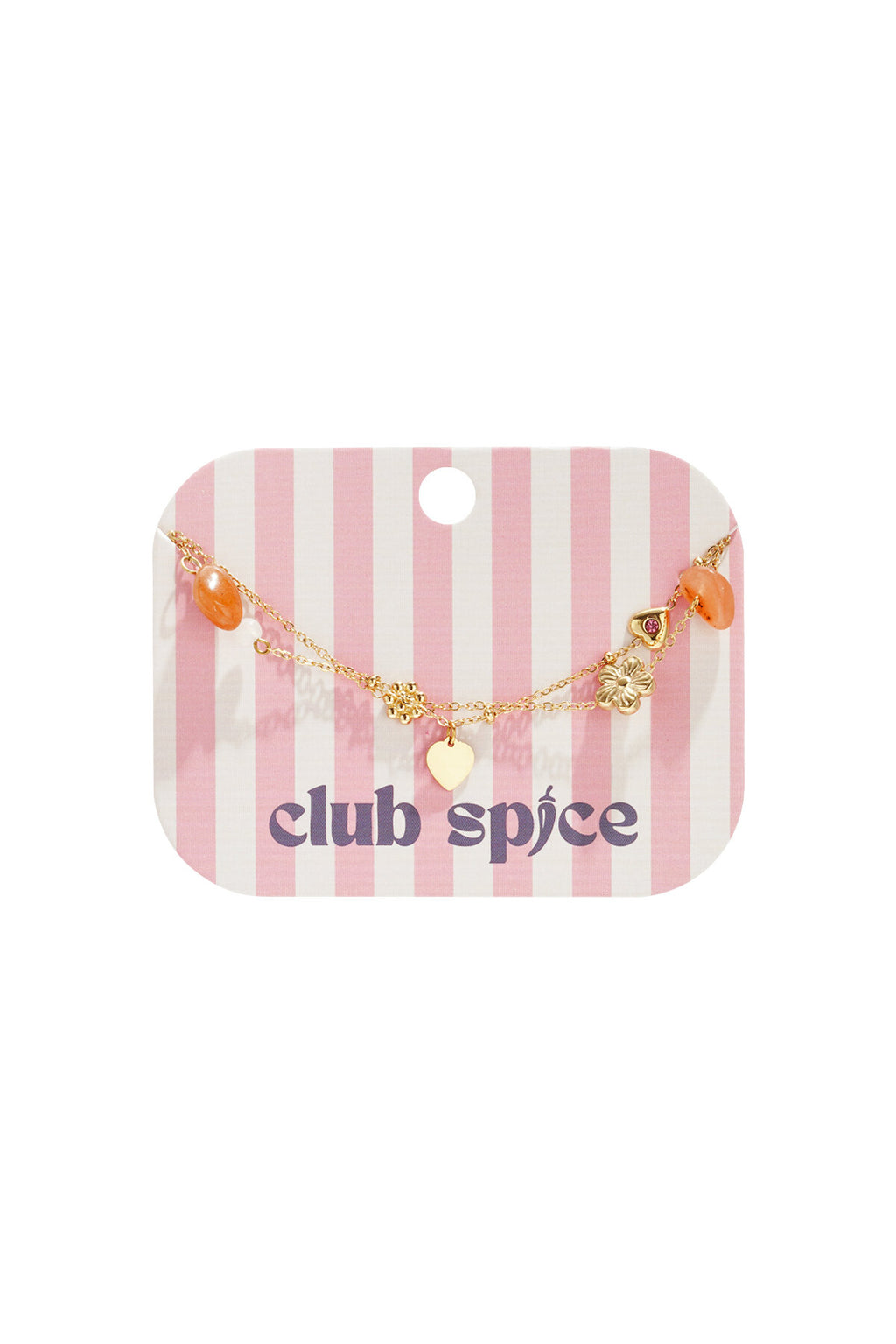 Bracciale con ciondoli arancioni, fiori e cuori della marca Club Spice su sfondo a righe rosa.