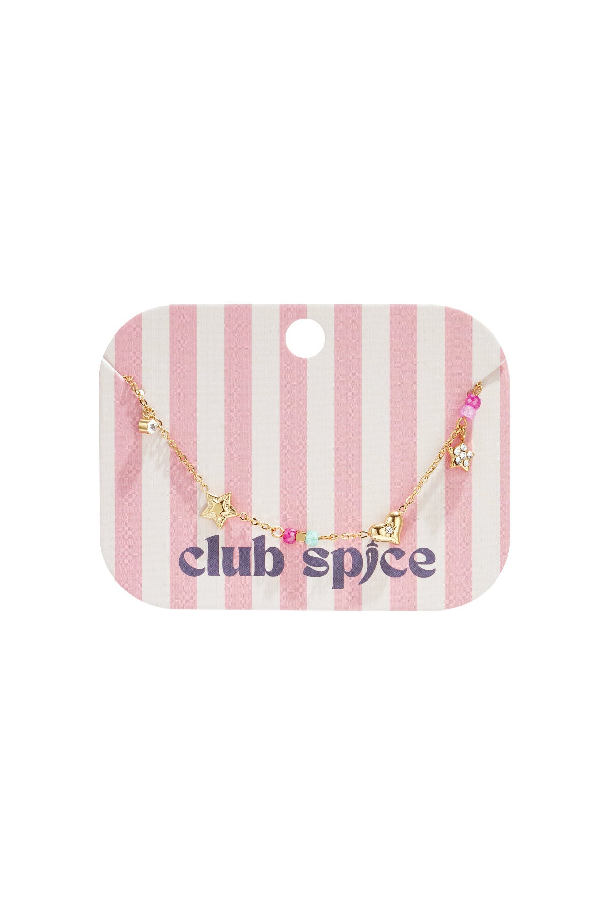 Braccialetto con ciondoli cuore stella pietre su sfondo rigato rosa, marca Club Spice.