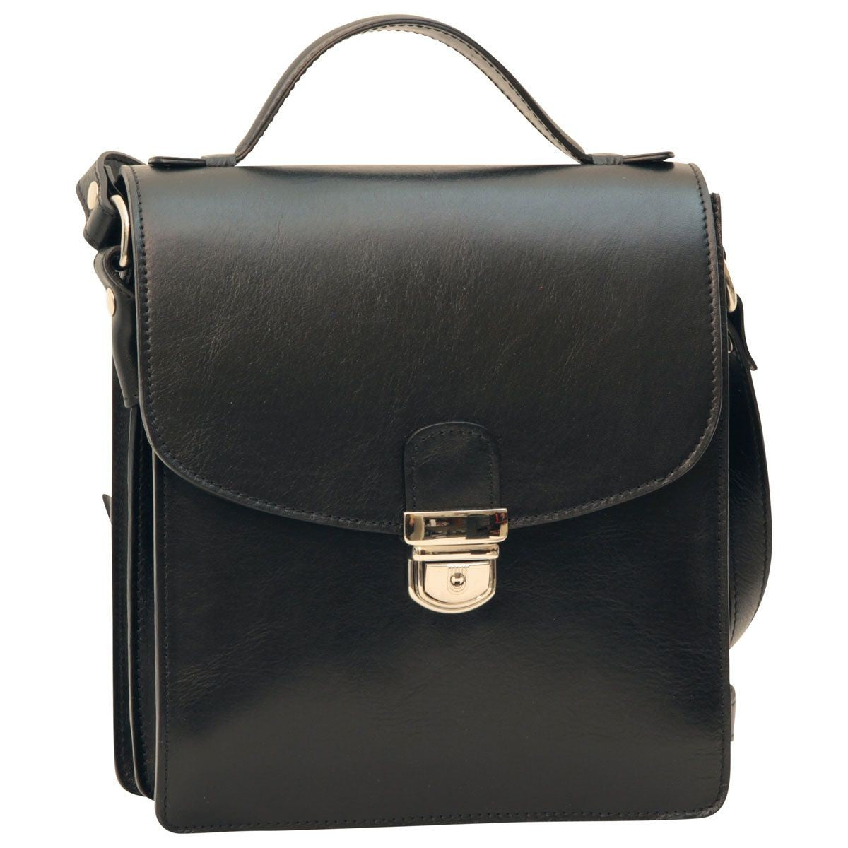 Borsa tracolla in pelle nera con patta e fibbia metallica frontale.