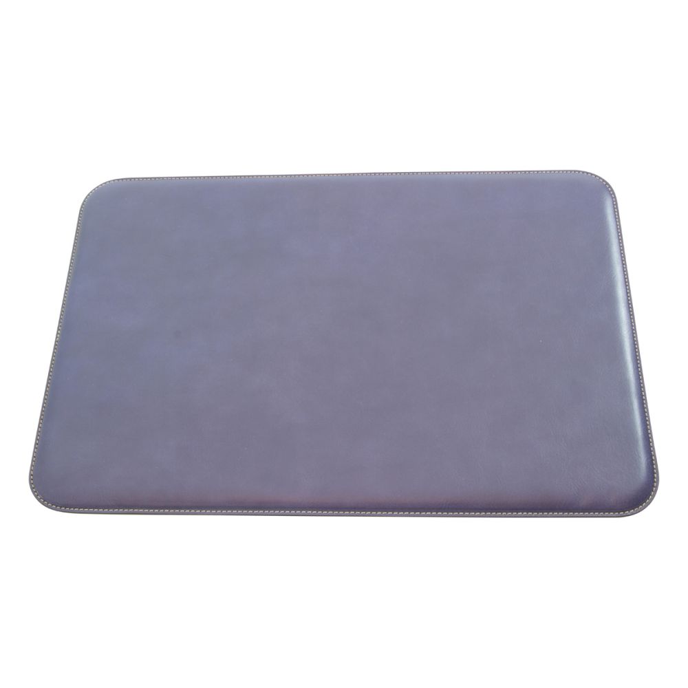 Sottomano da scrivania in pelle blu-viola con angoli arrotondati e cuciture perimetrali