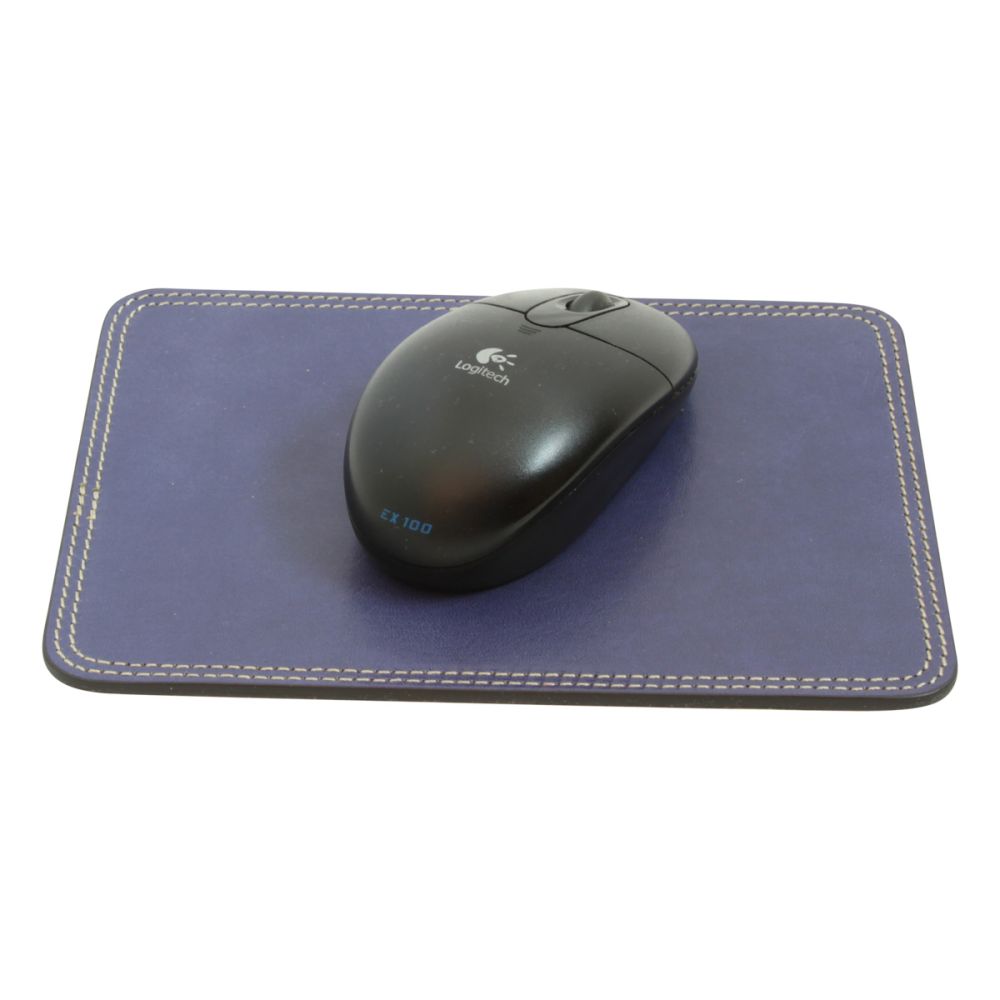 Tappetino mouse in pelle blu scuro con cuciture, con mouse nero appoggiato