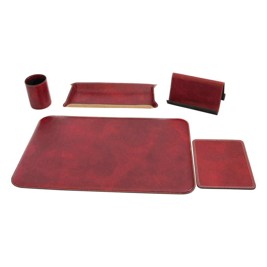 Set da scrivania in pelle - 5 pz  rosso