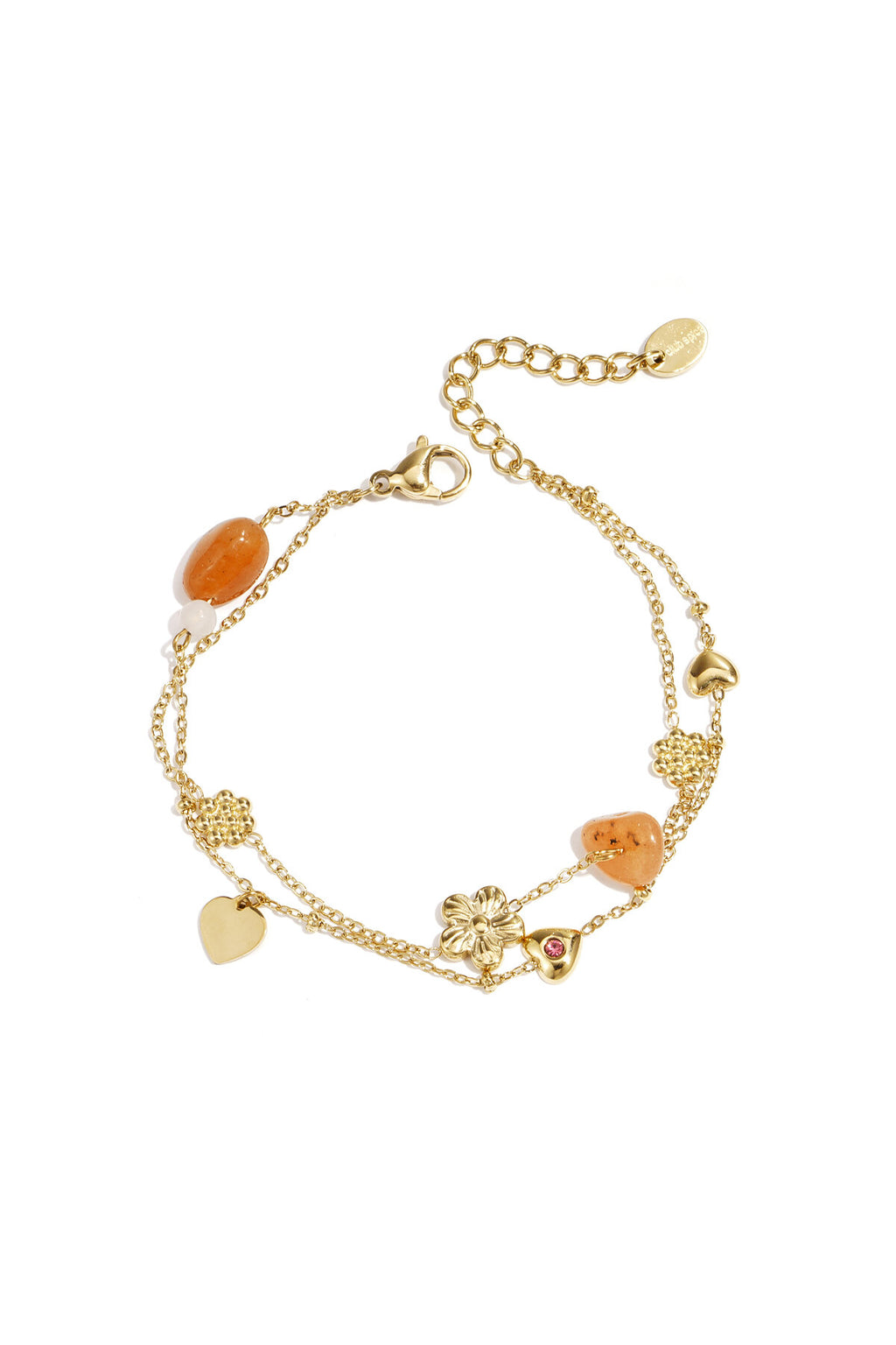 Bracciale con ciondoli arancioni, fiori e cuori in acciaio inossidabile, stile dolce per primavera e estate.