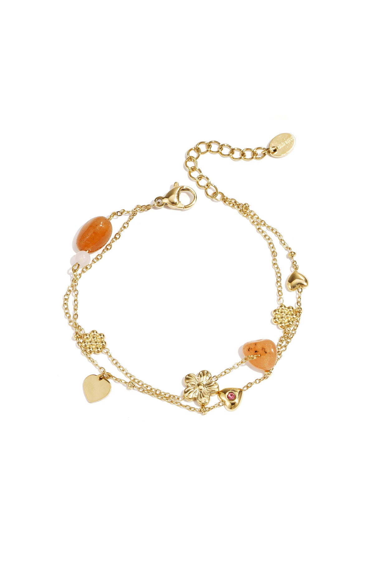 Bracciale con ciondoli arancioni, fiori e cuori in acciaio inossidabile, stile dolce per primavera e estate.