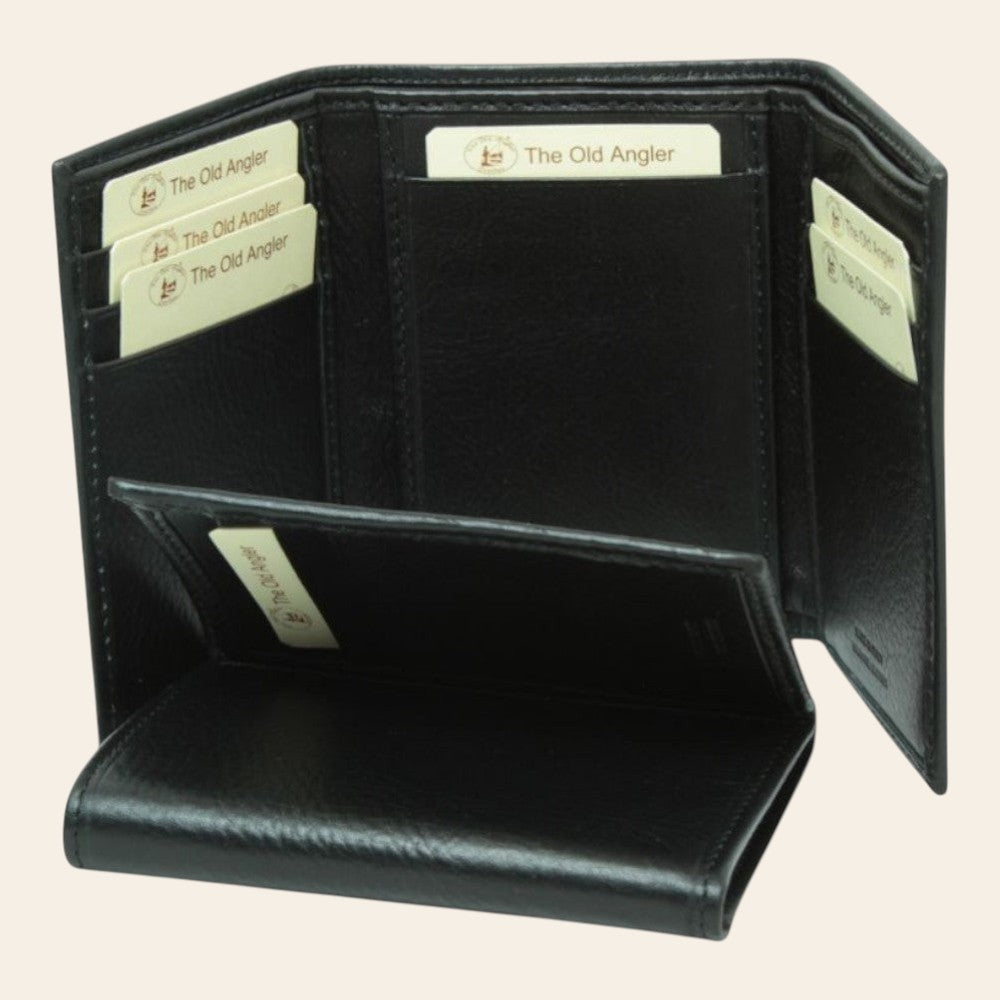 Portafoglio in pelle nera Old Angler, scomparti e tasche per carte visibili