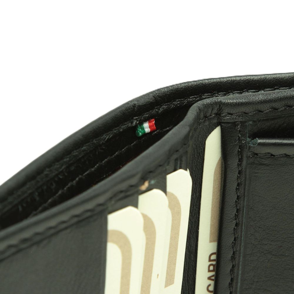 Portafoglio in pelle nera con cuciture e interni RFID, dettaglio lato