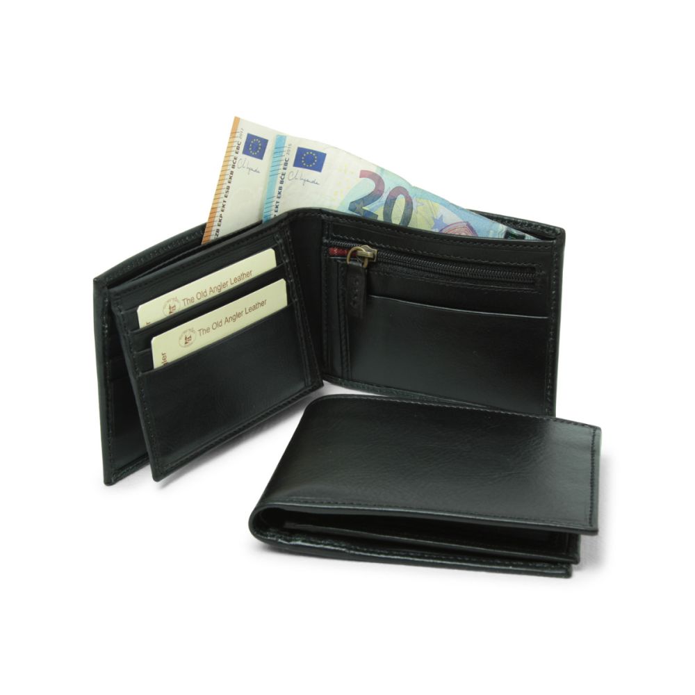 Portafoglio in pelle nera aperto, tasche carte e scomparto portamonete