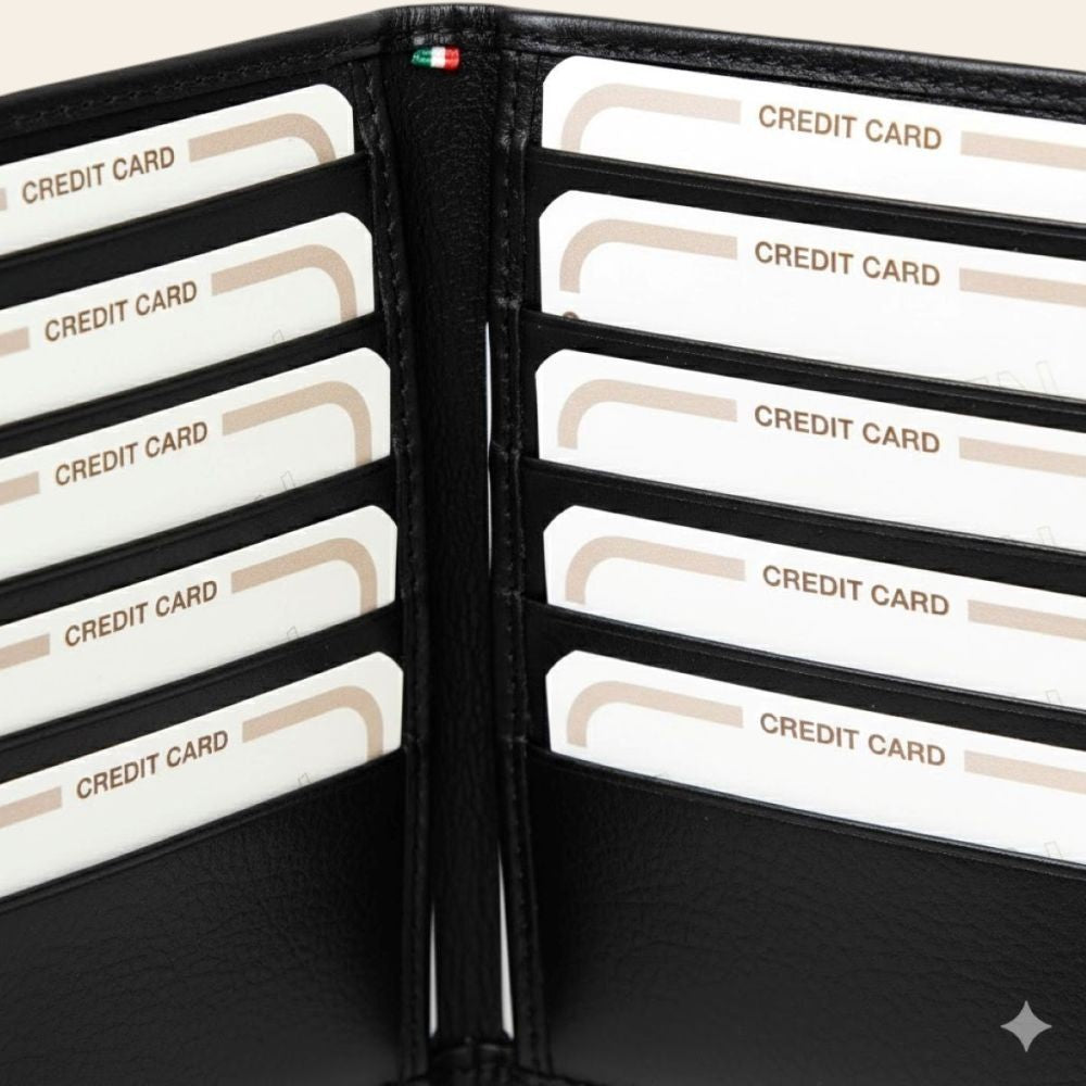 Portacarte in pelle nera RFID con scomparti per carte di credito e fodera nera