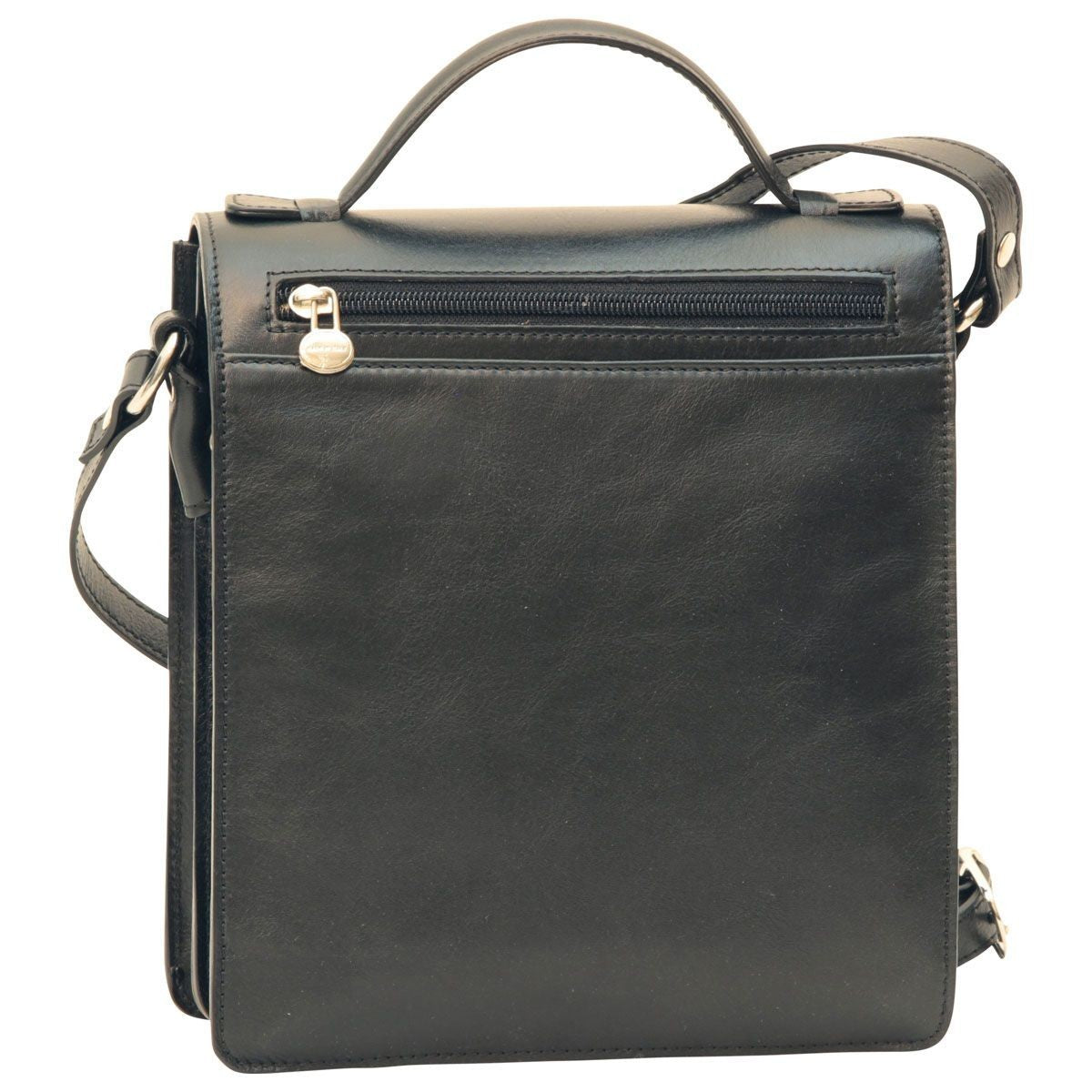 Borsa tracolla in pelle nera con tasca frontale con zip e tracolla regolabile.