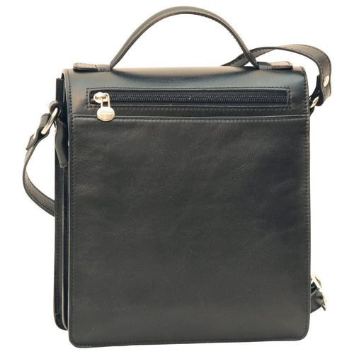 Borsa tracolla in pelle nera con tasca frontale con zip e tracolla regolabile.
