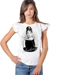 T-shirt bio Audrey Hepburn con grafica vintage in bianco e nero, 100% cotone biologico per look urbano.