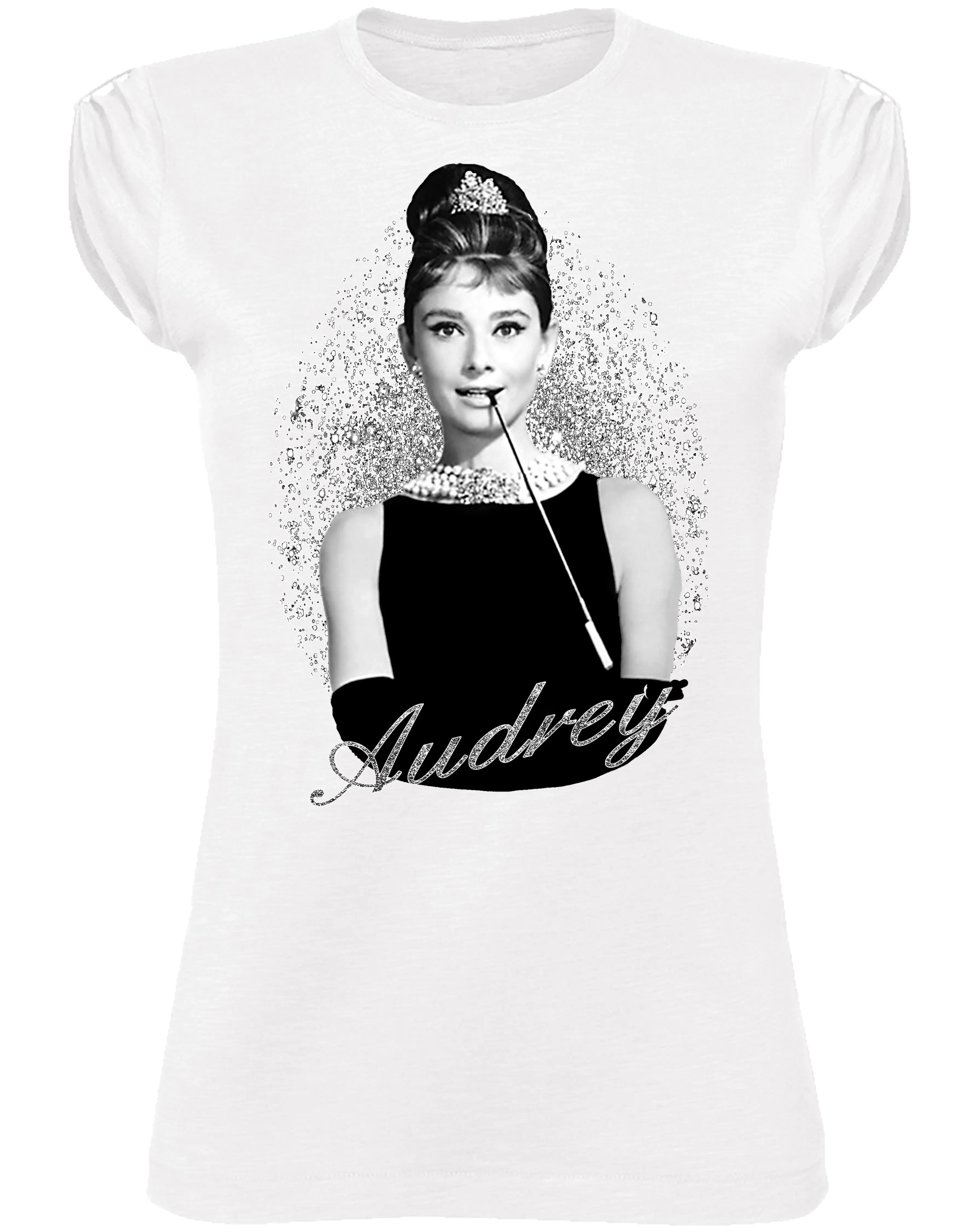 T-shirt bio Audrey Hepburn con stampa in HD, cotone 100% biologico, stile urbano per donne.