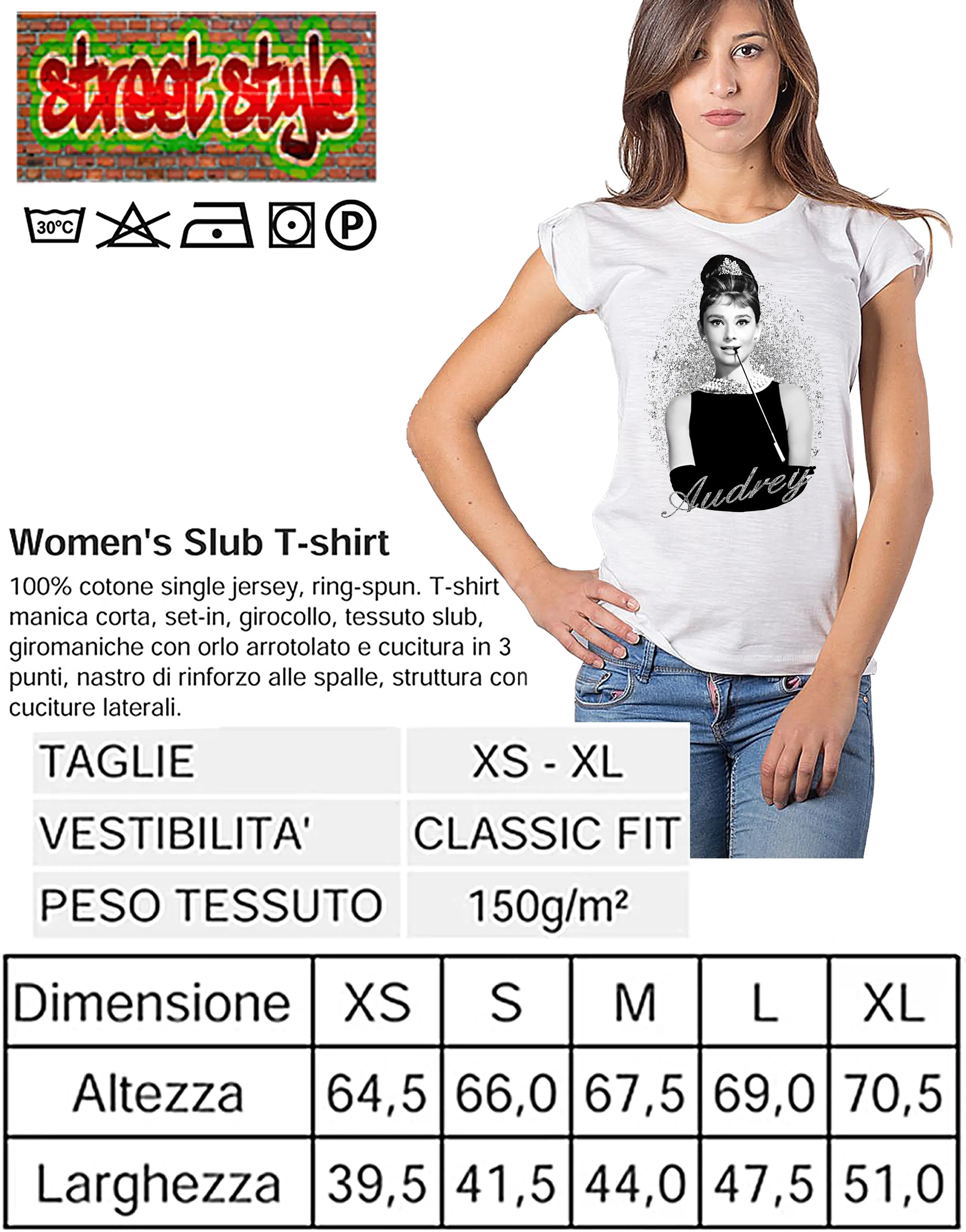 T-shirt bio Audrey Hepburn in cotone 100% biologico, stile urbano e comfort per look quotidiani.