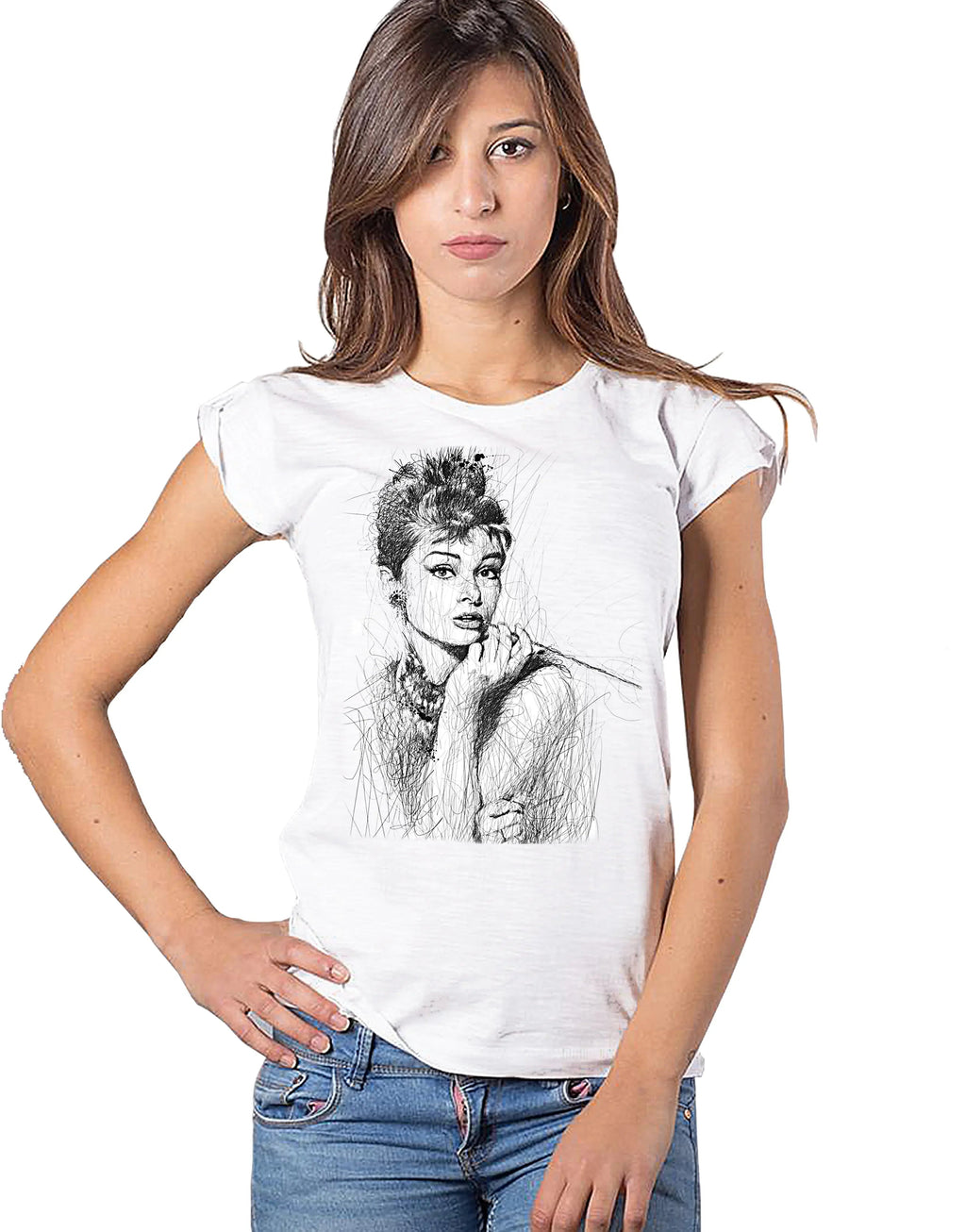 T-shirt stile Audrey Hepburn in cotone biologico, morbida e traspirante, con stampa stilizzata di Audrey.