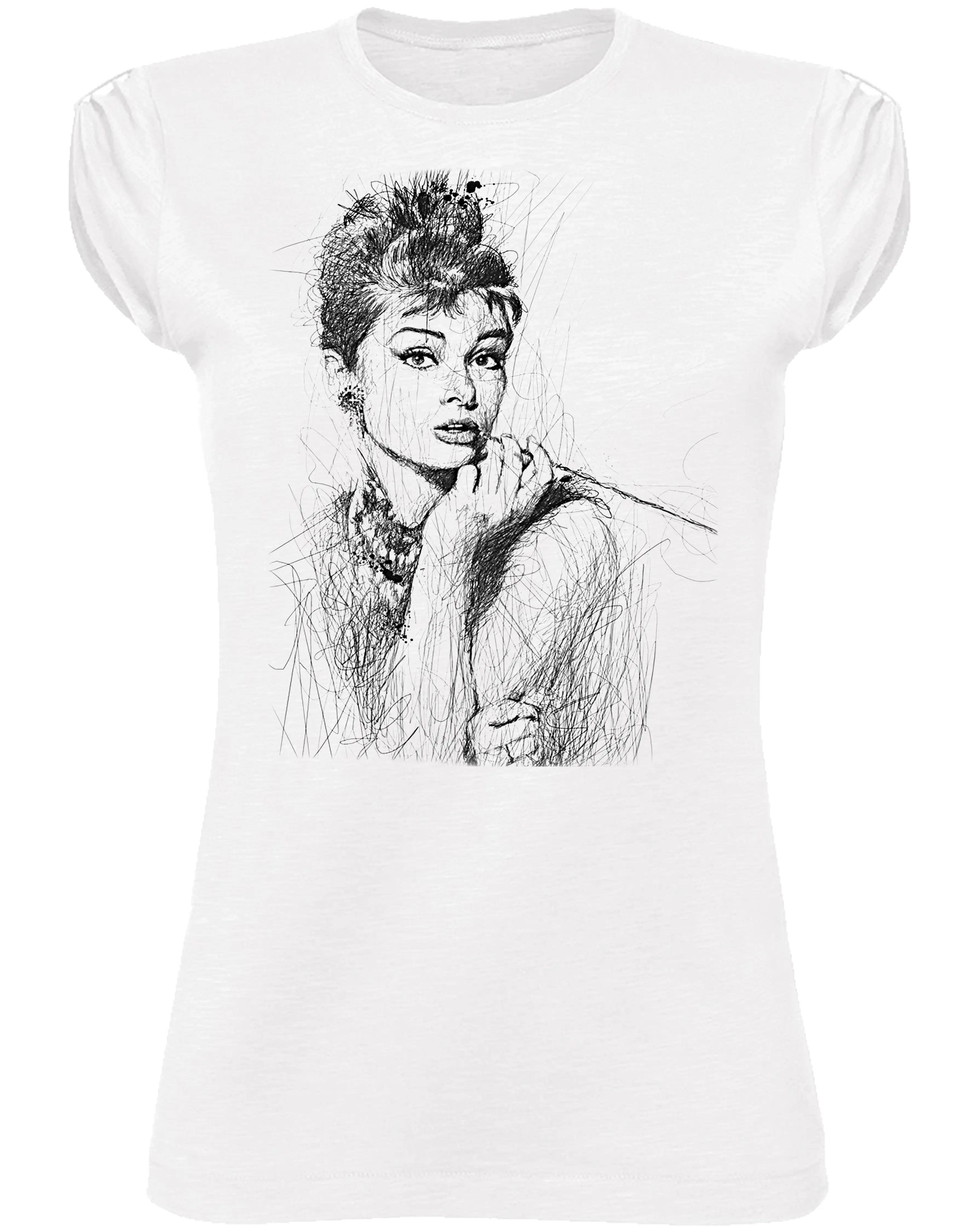 T-shirt stile Audrey Hepburn con stampa stilizzata, 100% cotone biologico, design urbano e responsabile.