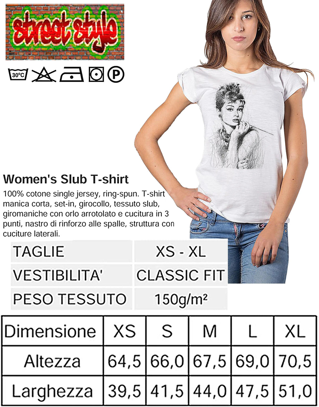 T-shirt stile Audrey Hepburn in cotone biologico, modello STREET STYLE con stampa stilizzata su fondo chiaro.