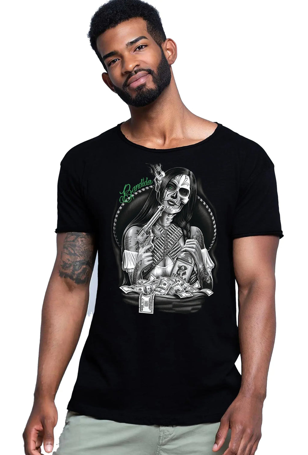 T-shirt uomo tattoo skull Bandida Gonzales con grafica audace e design elegante in cotone.