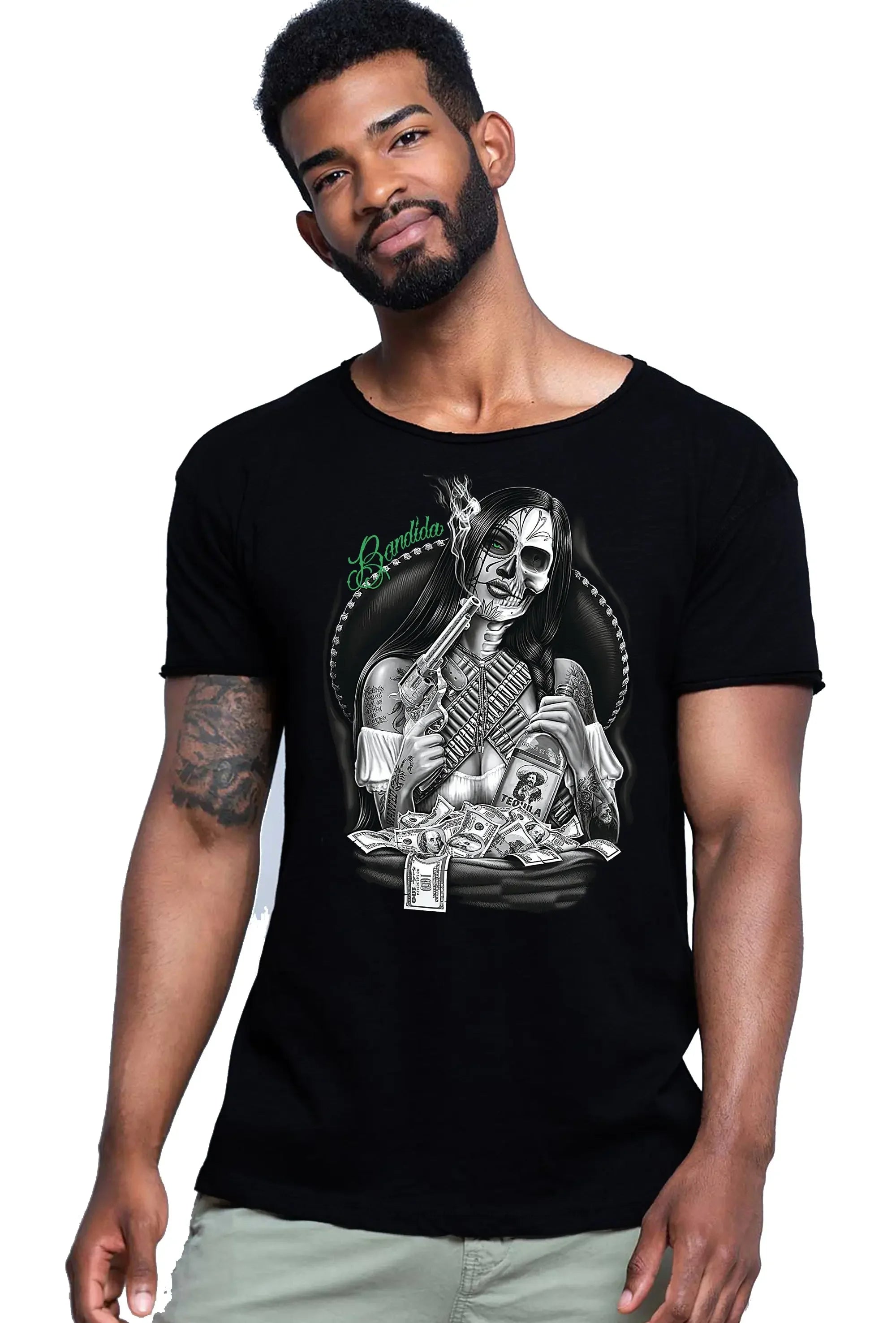 T-shirt uomo tattoo skull Bandida Gonzales con grafica audace e design elegante in cotone.