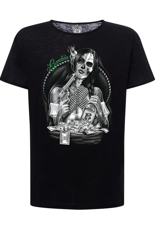 T-shirt uomo tattoo skull Bandida Gonzales con grafica scheletro e dettagli audaci, realizzata in cotone fiammato.