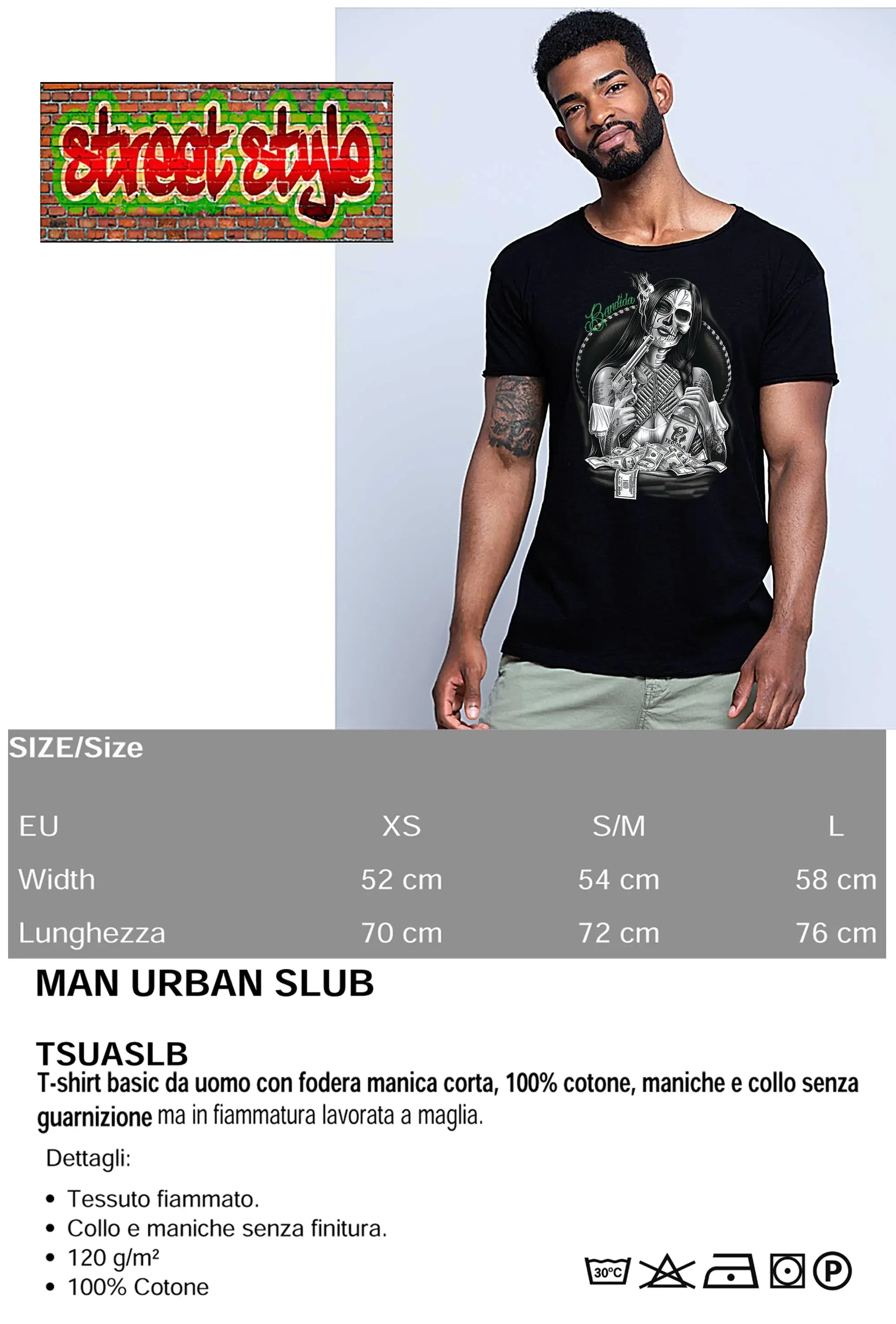 T-shirt uomo tattoo skull con stampa audace, 100% cotone, stile streetwear italiano, modello Man Urban Slub.
