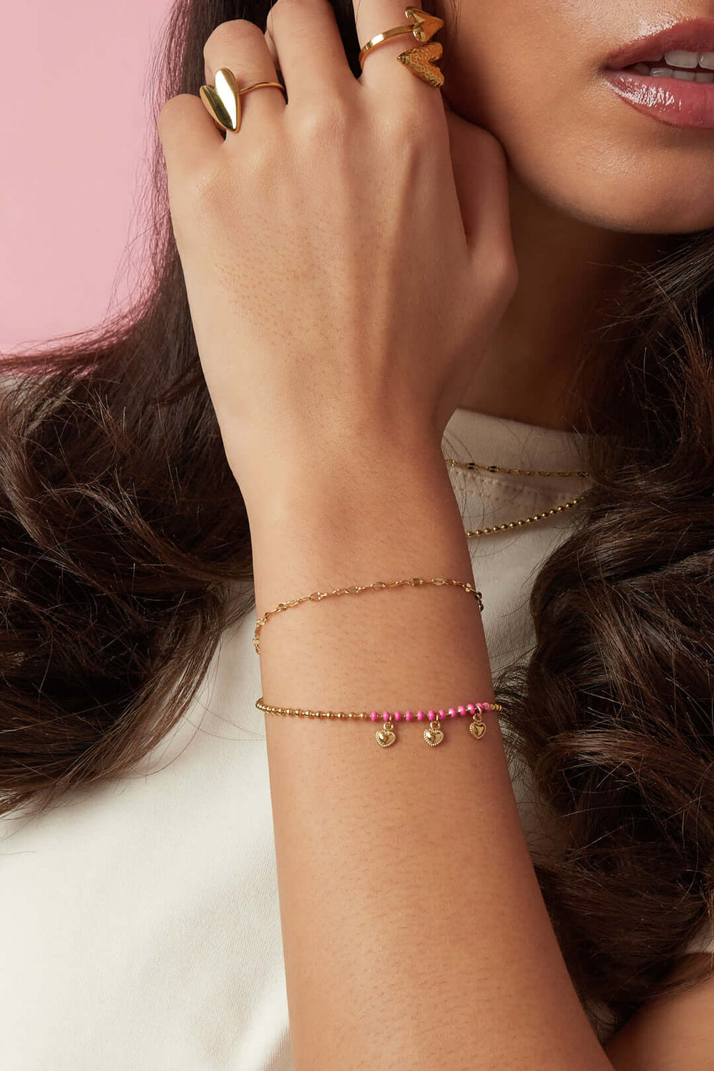 Bracciale Doppio Perline e Ciondoli a Cuore