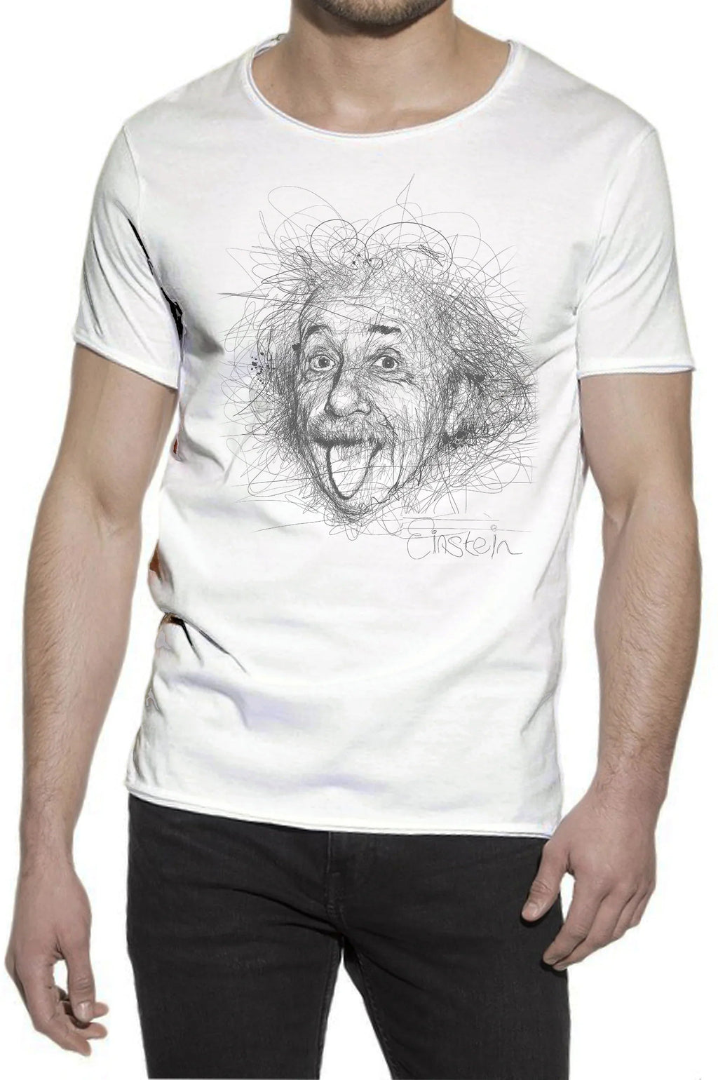 T-shirt uomo cotone fiammato con stampa stilizzata di Einstein, stile moderno e vintage.