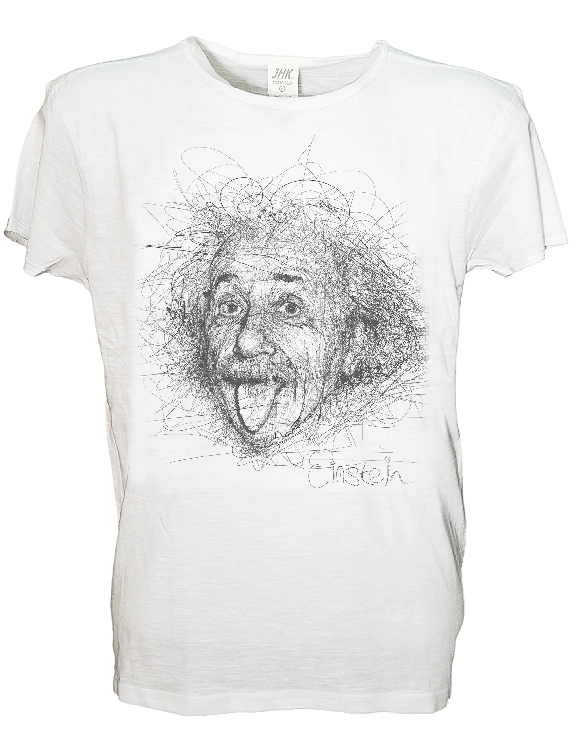 T-shirt uomo cotone fiammato con grafica stilizzata di Einstein e design moderno, ideale per un look originale.
