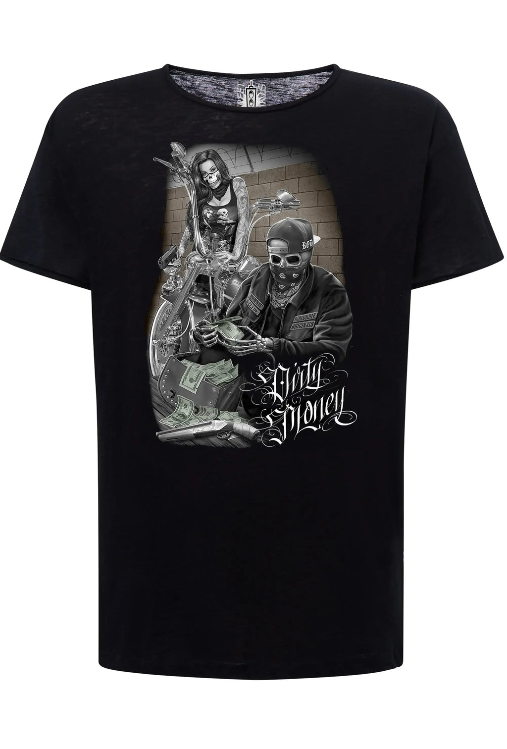 T-shirt uomo tattoo skull con grafica audace Dirty Money, realizzata in cotone biologico, colore nero.