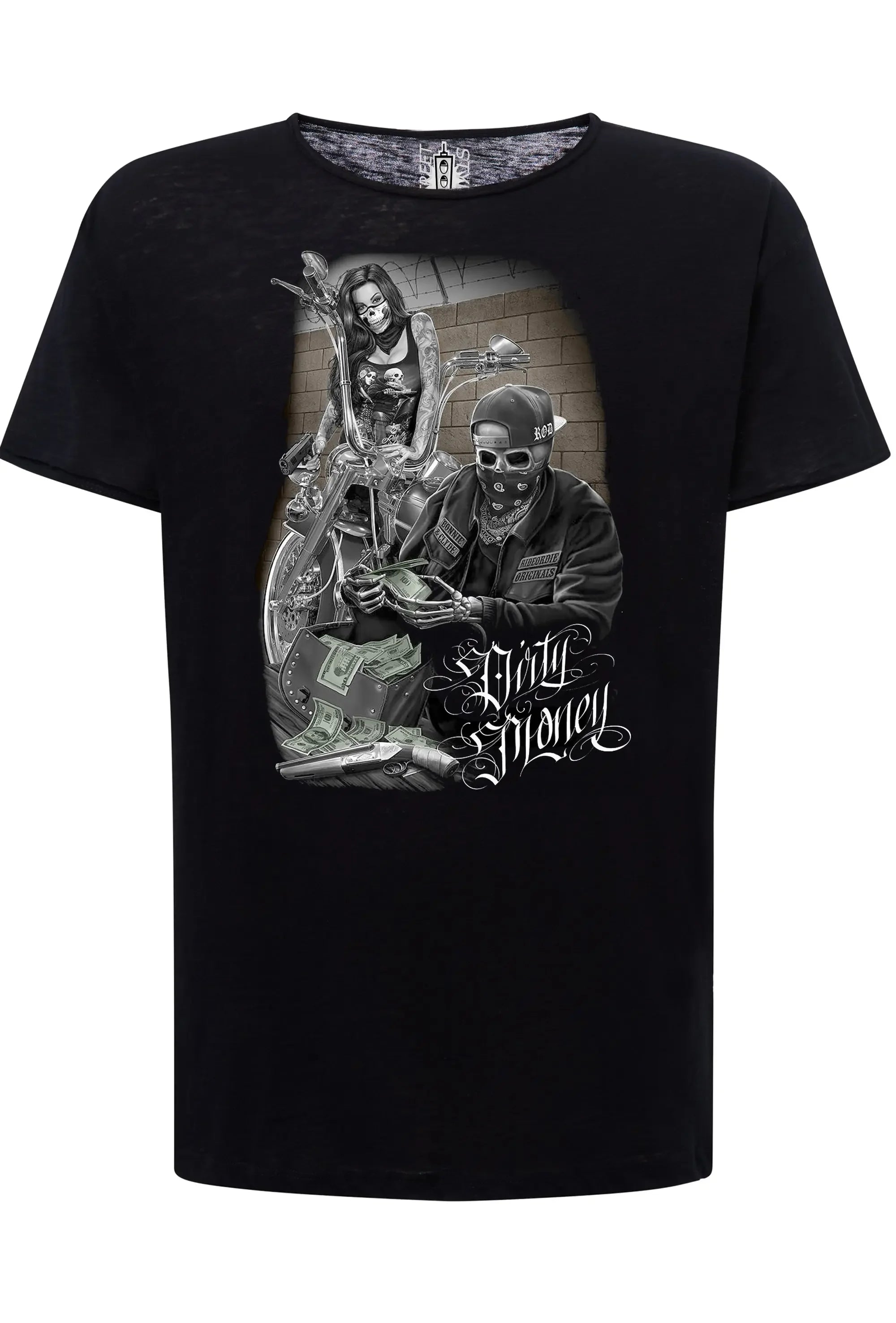 T-shirt uomo tattoo skull con grafica audace Dirty Money, realizzata in cotone biologico, colore nero.