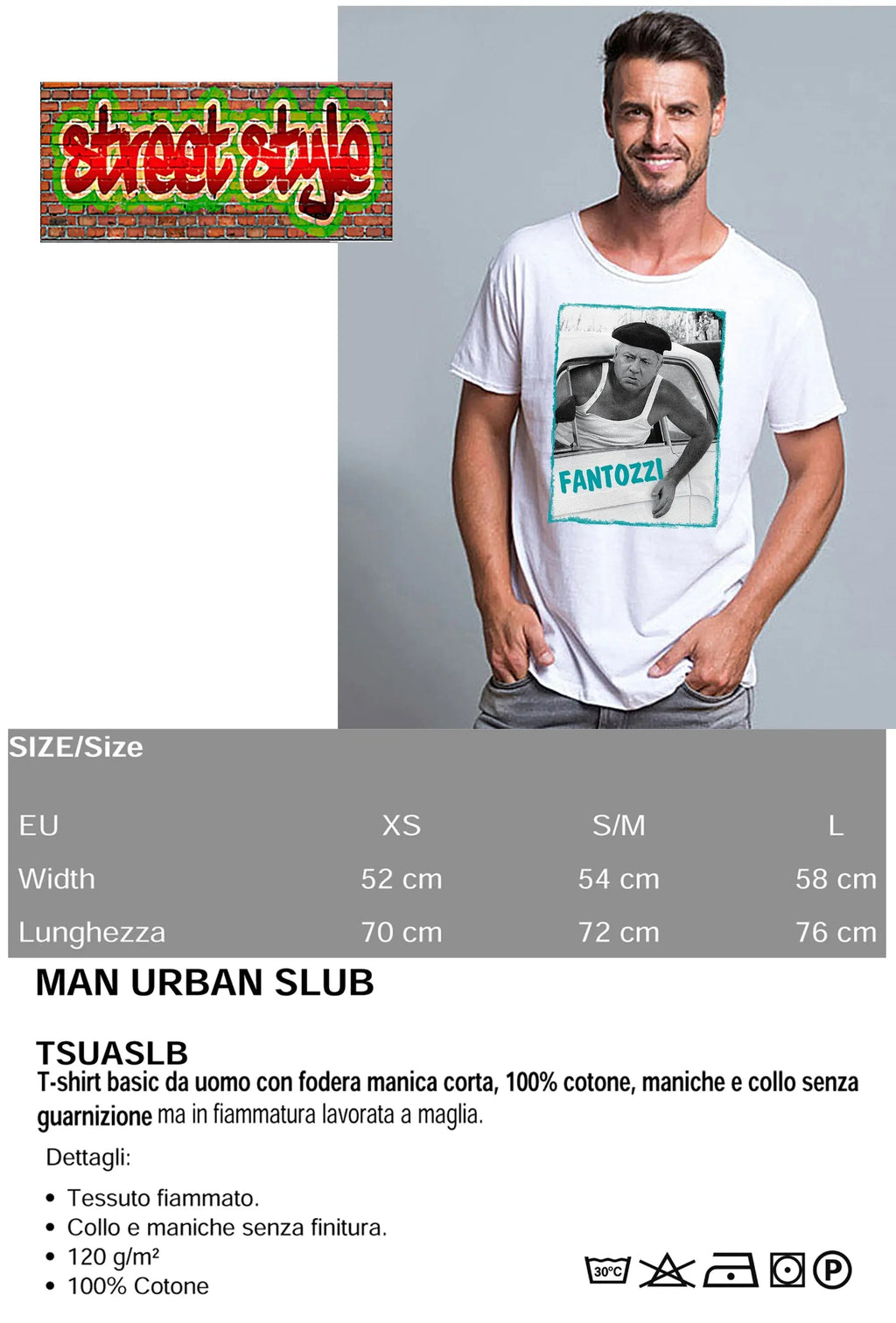 T-shirt uomo 100% cotone eco-friendly con grafica Fantozzi, stile street e tessuto traspirante. Ideale per l'uomo moderno.