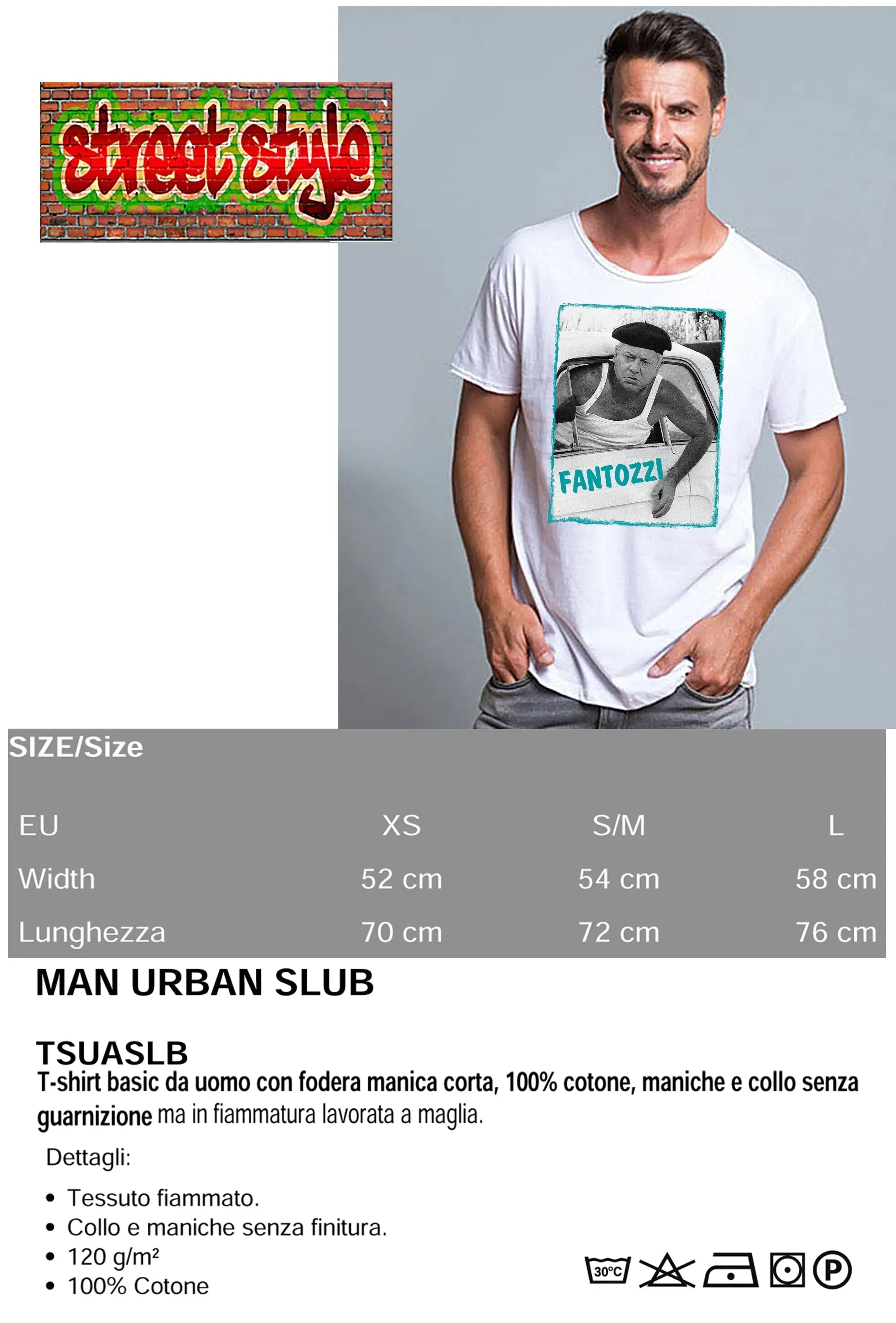 T-shirt uomo 100% cotone eco-friendly con grafica Fantozzi, stile street e tessuto traspirante. Ideale per l'uomo moderno.