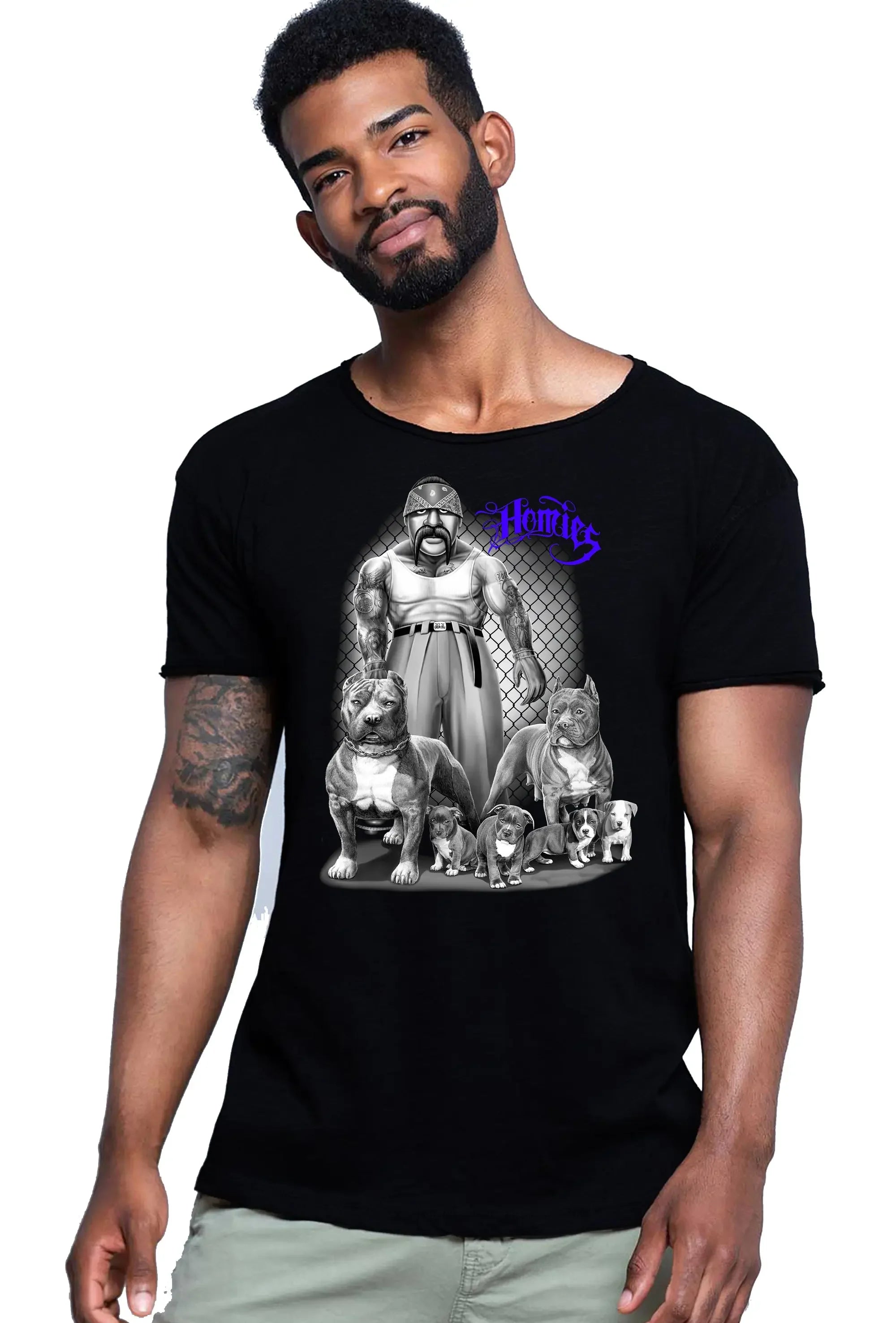T-shirt uomo tattoo skull Homies con grafica di cani e personaggio, ideale per un look street style.