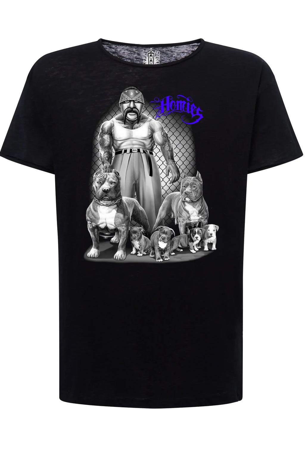 Tshirt uomo tattoo skull con grafica Homies e cani su sfondo nero, moda street style.