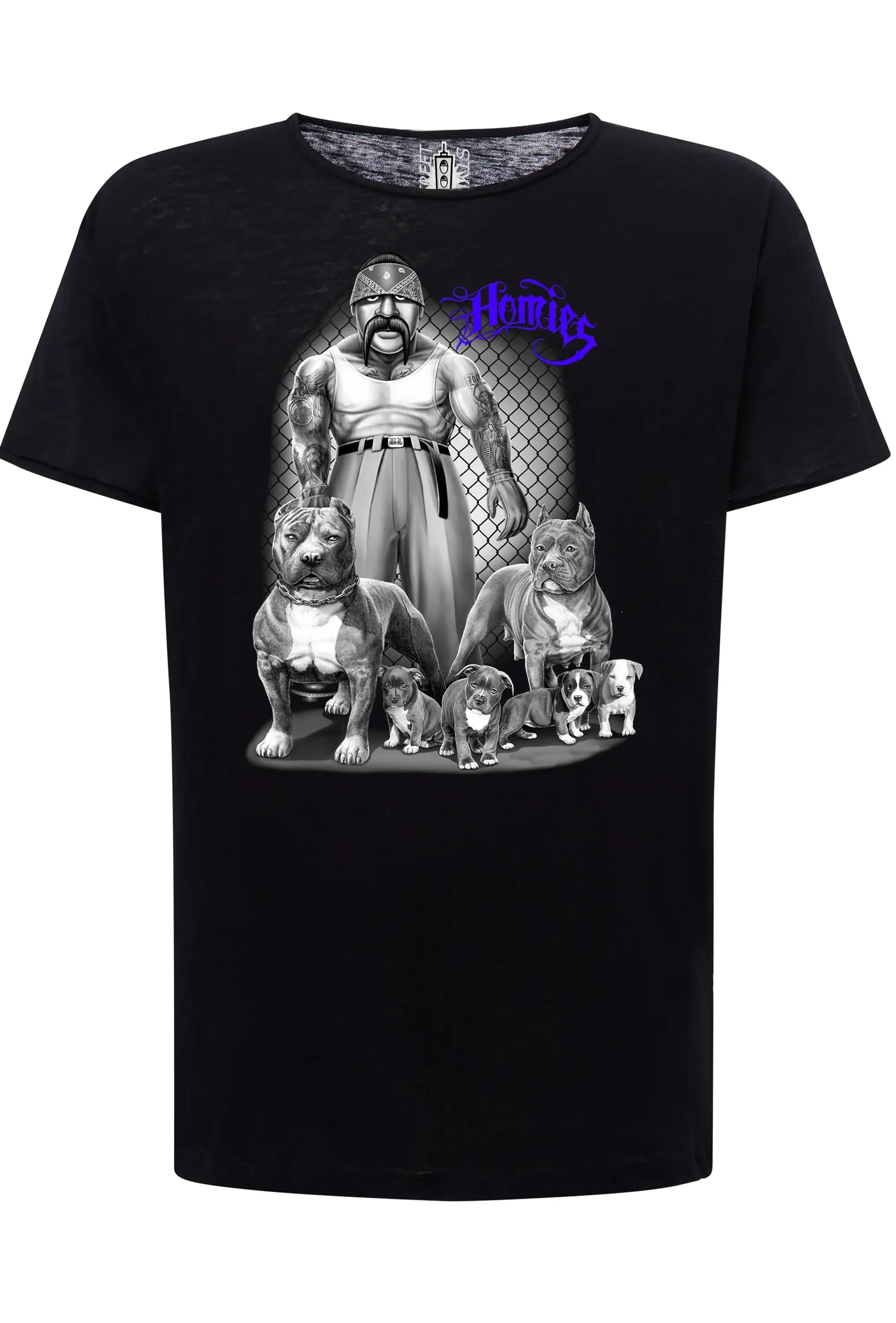 Tshirt uomo tattoo skull con grafica Homies e cani su sfondo nero, moda street style.