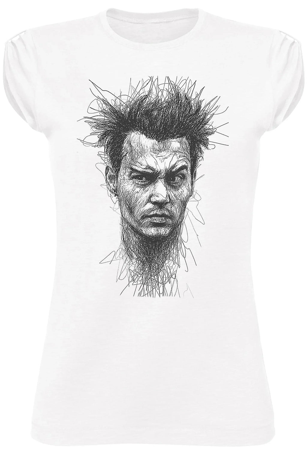 T-shirt donna cotone biologico bianca con stampa artistica di un volto, design esclusivo The Legend.