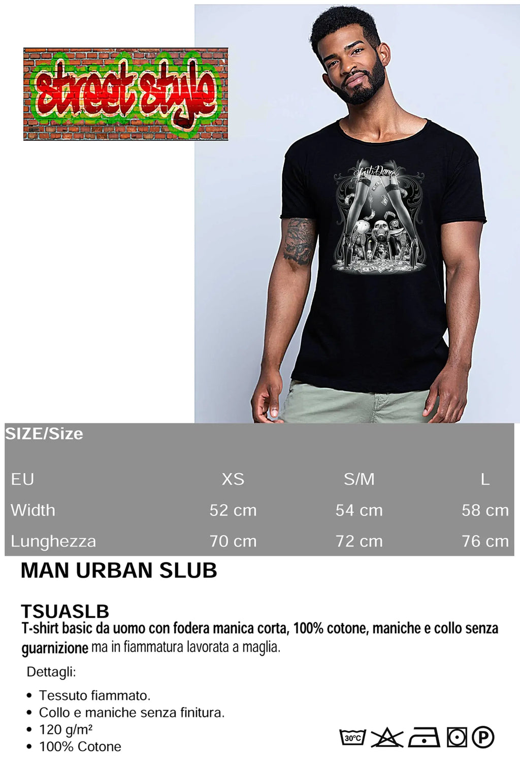 T-shirt uomo tattoo skull in stile urban, 100% cotone fiammato, grafica audace e comfort ecologico.