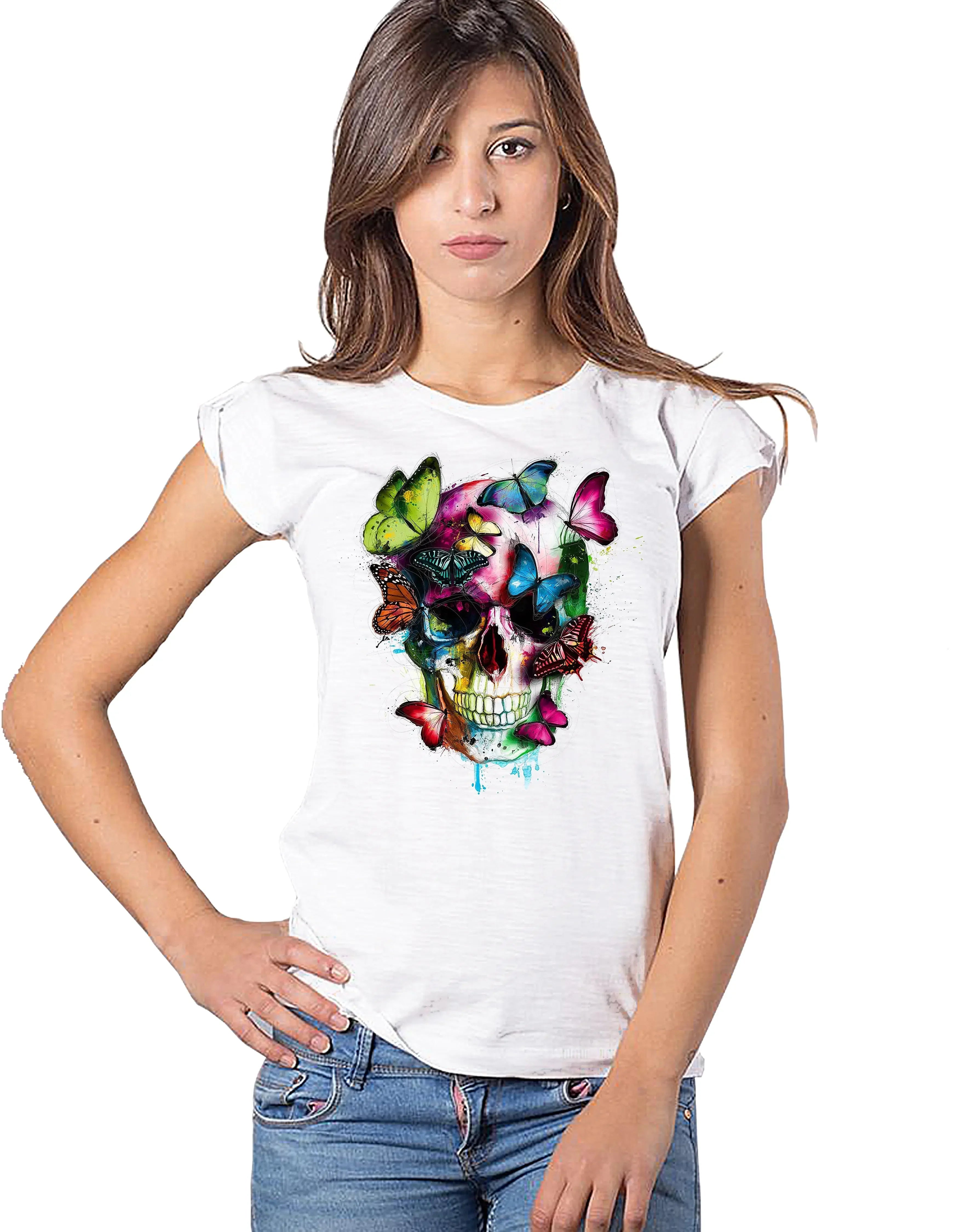 T-shirt donna cotone biologico skull con design esclusivo in stampa HD e colori vivaci