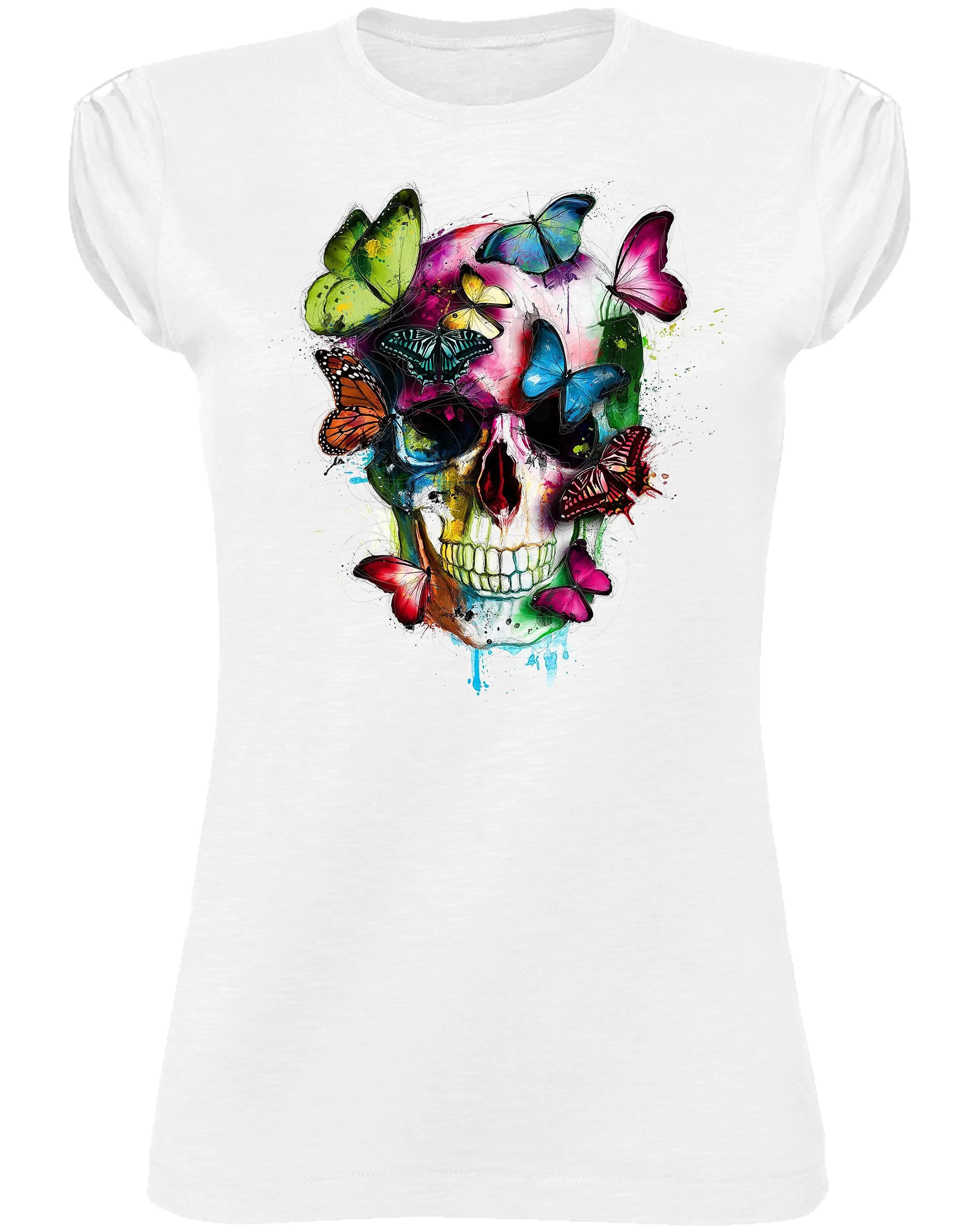 T-shirt donna cotone biologico skull con design di teschio e farfalle colorate, stile contemporaneo e sostenibile.