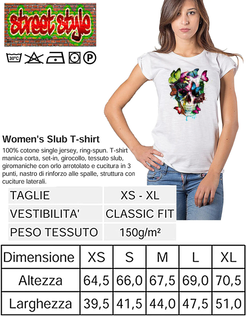t-shirt donna cotone biologico skull con design colorato su sfondo bianco