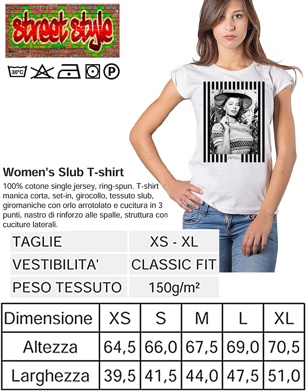 T-shirt donna urban style STREET STYLE con grafica dettagliata, realizzata in cotone biologico e disponibile in taglie XS a XL.