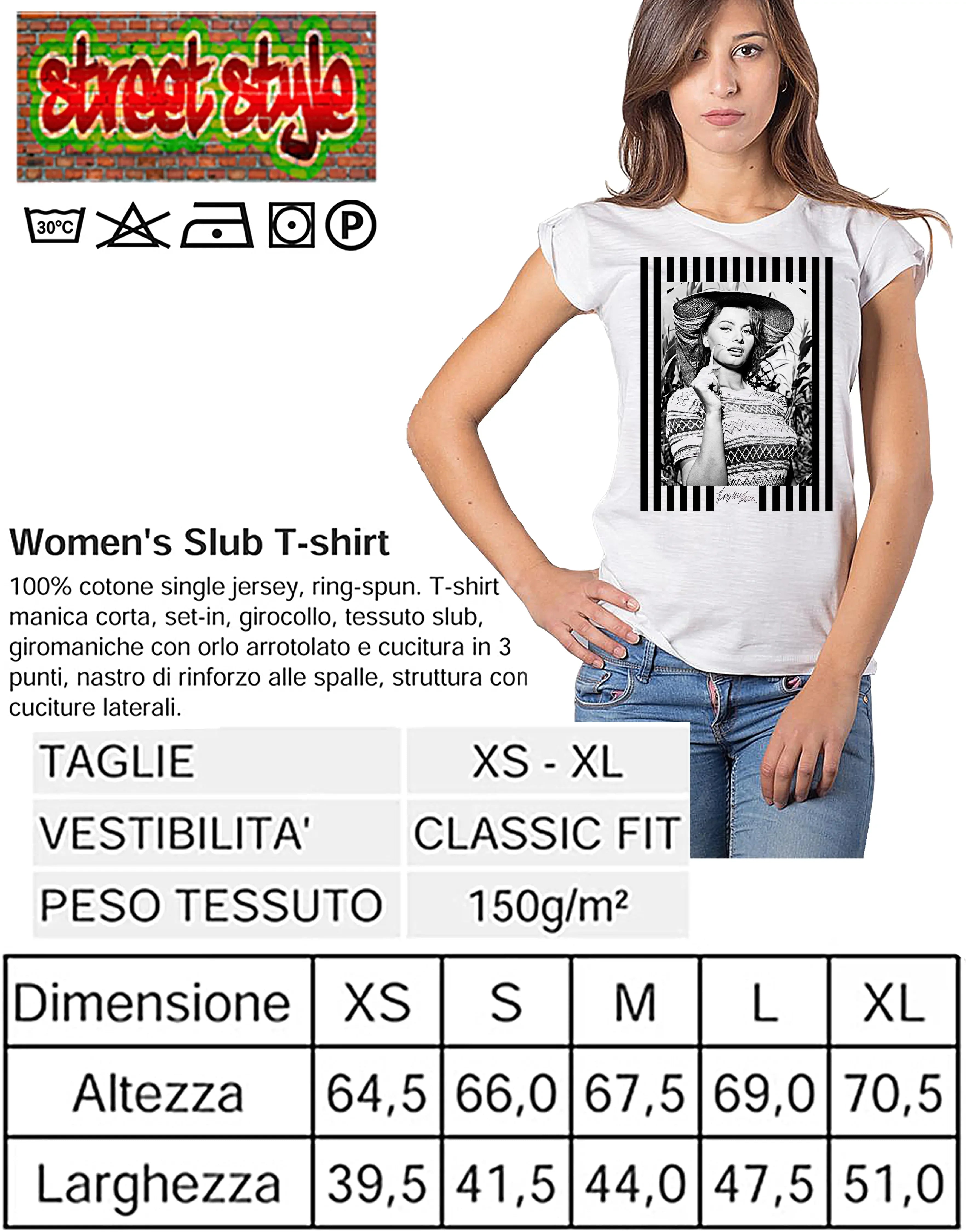 T-shirt donna urban style STREET STYLE con grafica dettagliata, realizzata in cotone biologico e disponibile in taglie XS a XL.