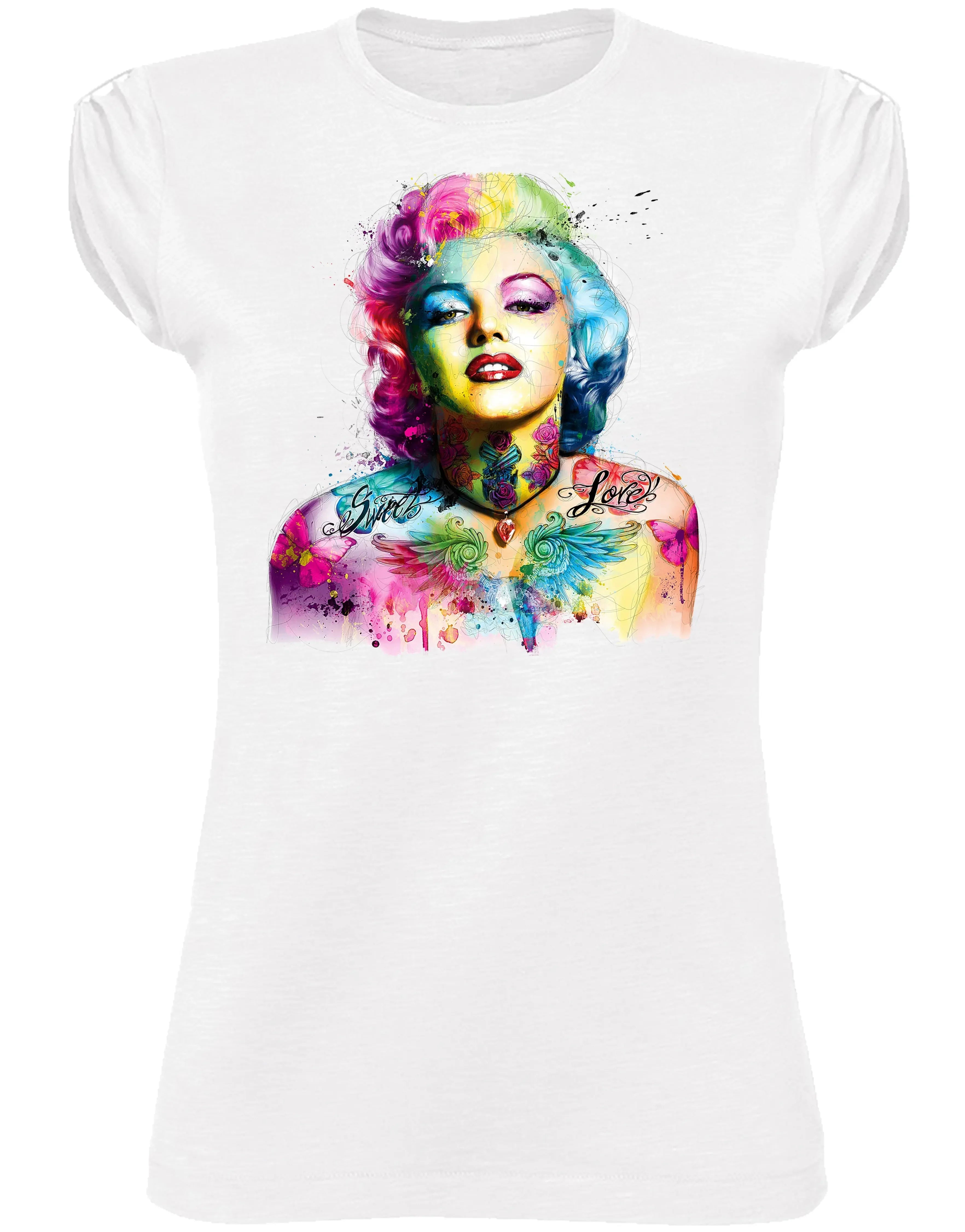 T-shirt Marylin Monroe stilizzata su cotone biologico con design vivace e colori accattivanti.