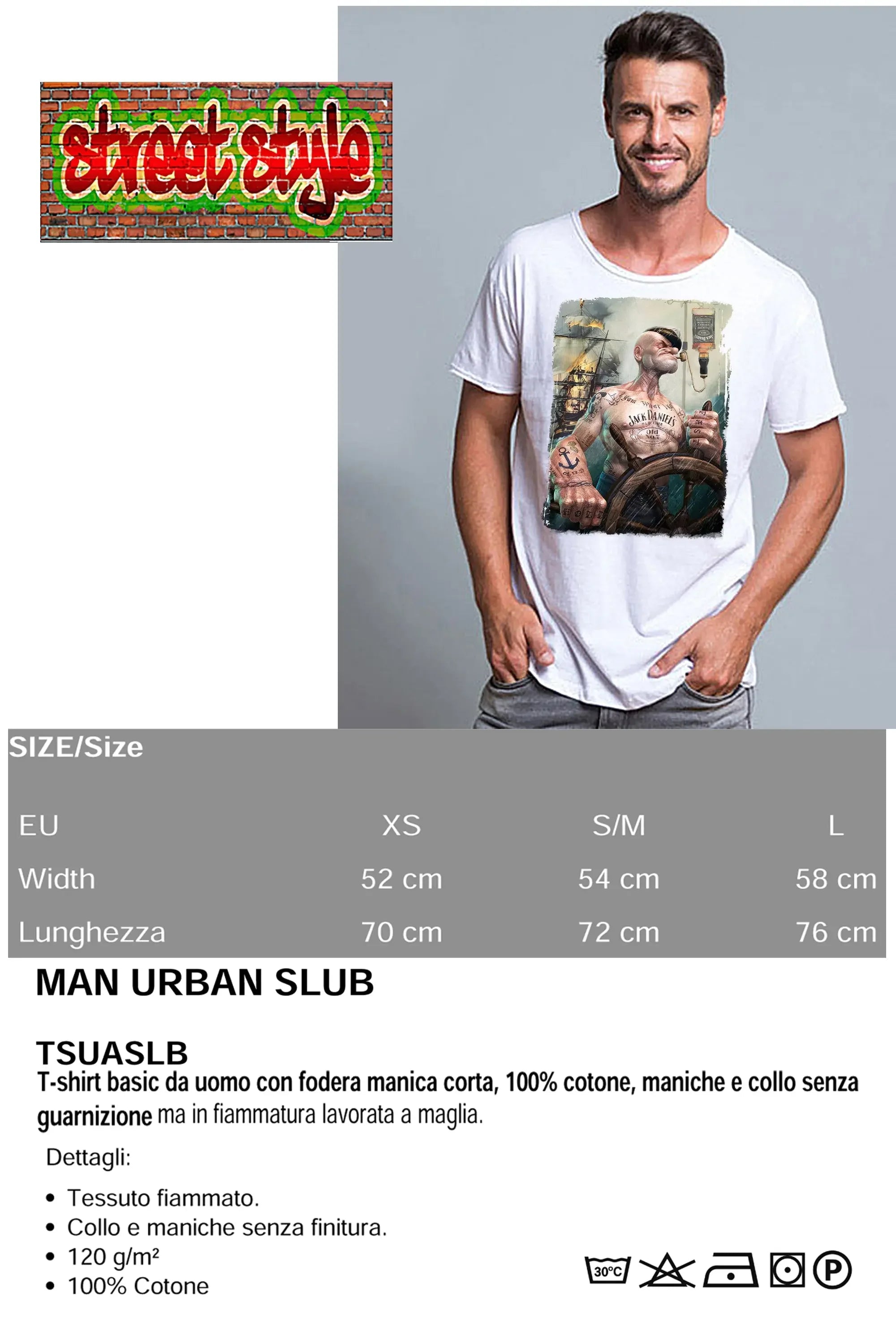 T-shirt Uomo Urban Slub Popeye Jack Daniels - Cotone Fiammato