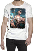 T-shirt Popeye Jack Daniels uomo con grafica di Popeye al timone in cotone fiammato